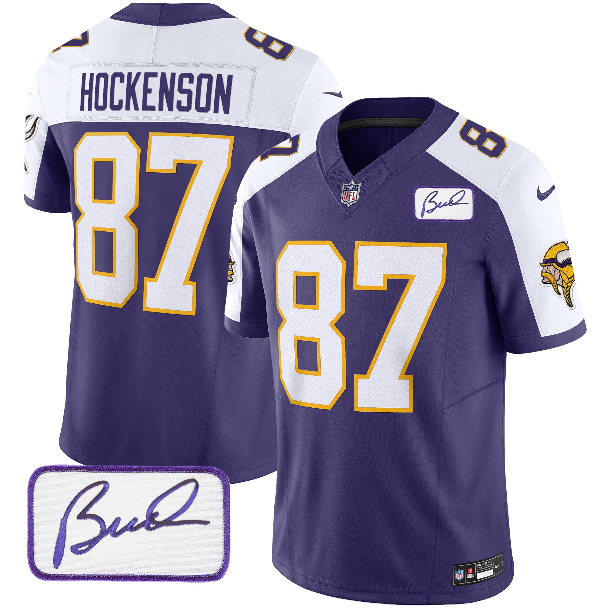 Men's Minnesota Vikings Bud Grant Patch Classic Limited Jersey V3 - All Stitched - Purple Alternate, T.J. Hockenson