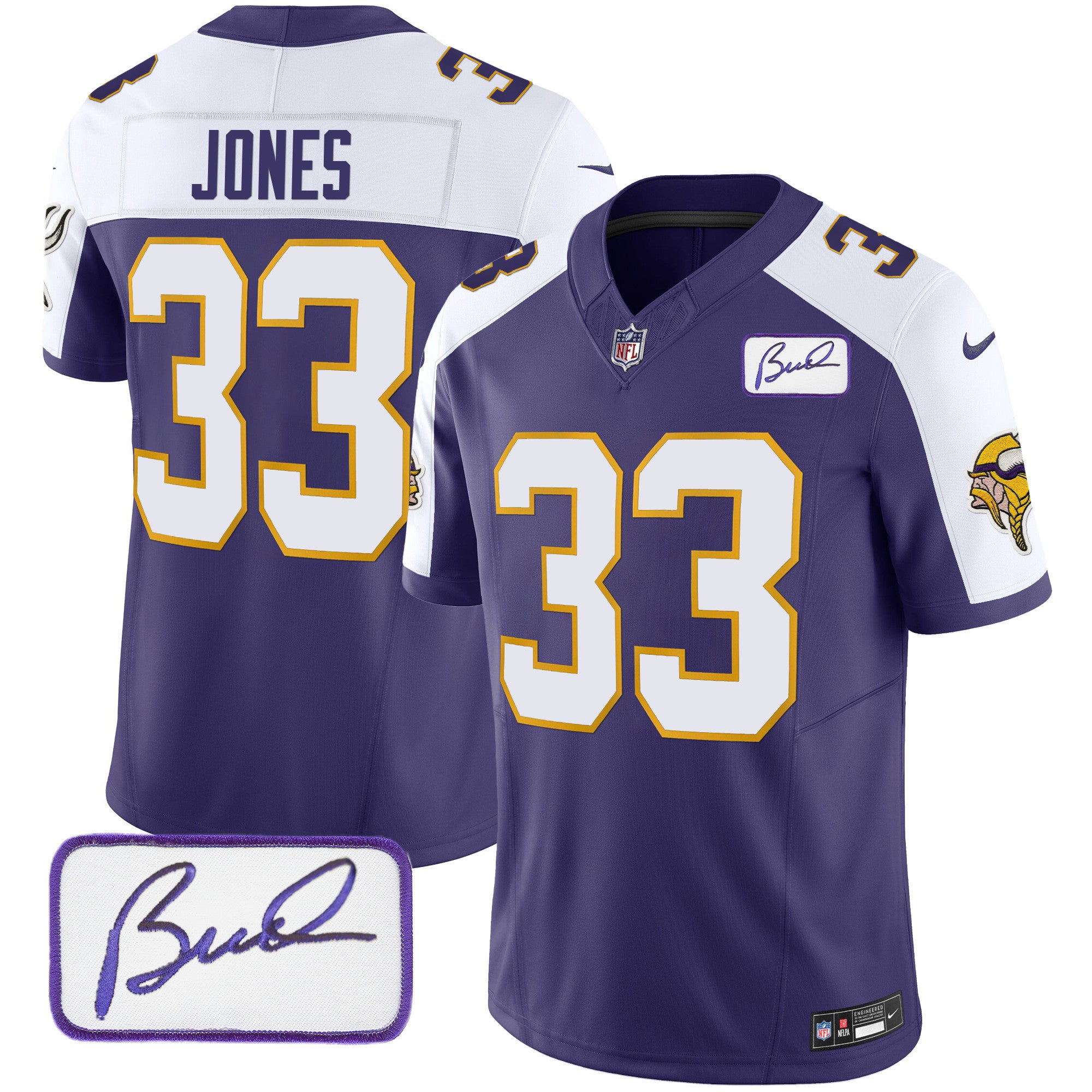 Men's Minnesota Vikings Bud Grant Patch Classic Limited Jersey V3 - All Stitched - Purple Alternate, Aaron Jones