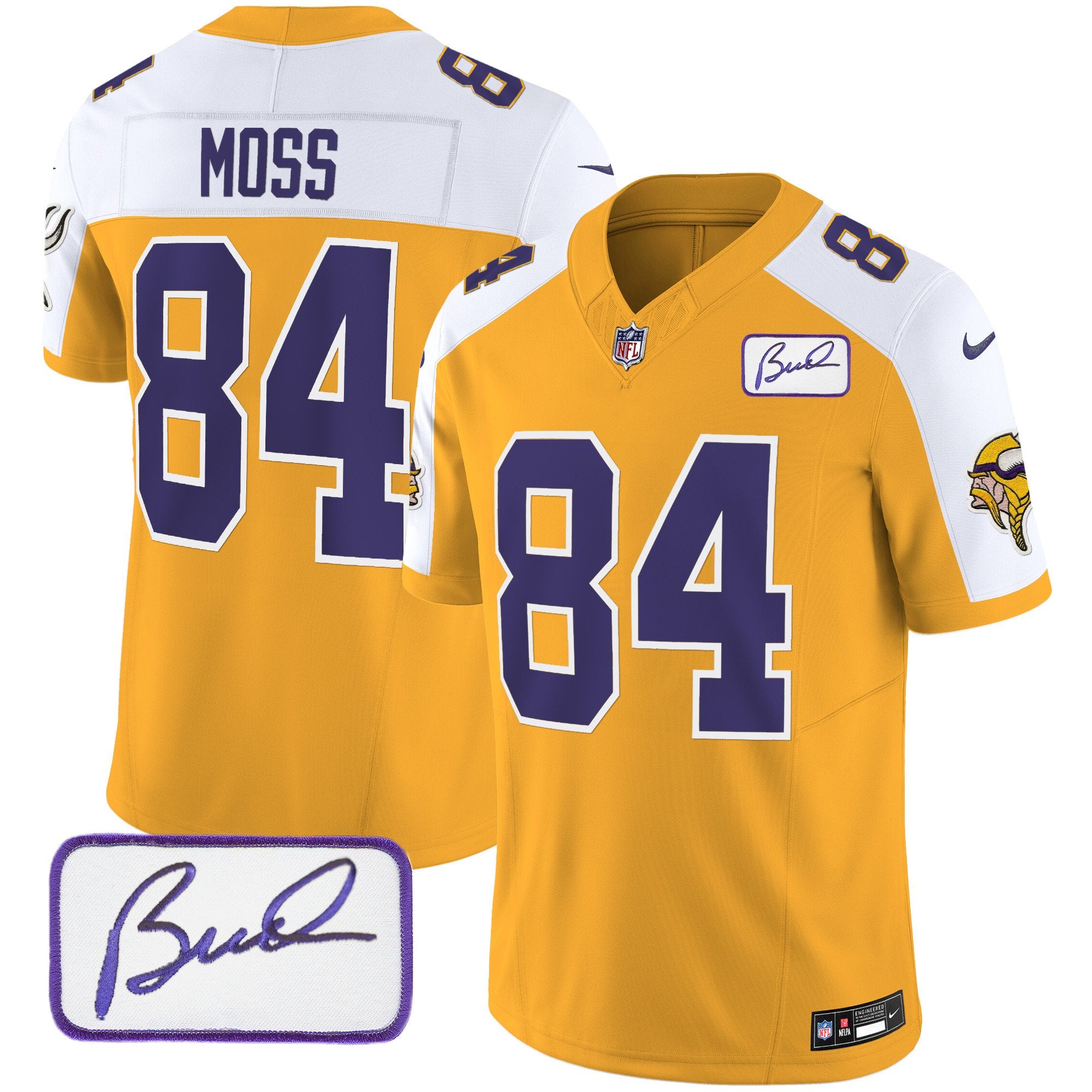 Men's Minnesota Vikings Bud Grant Patch Classic Limited Jersey V3 - All Stitched - Gold Alternate, Randy Moss