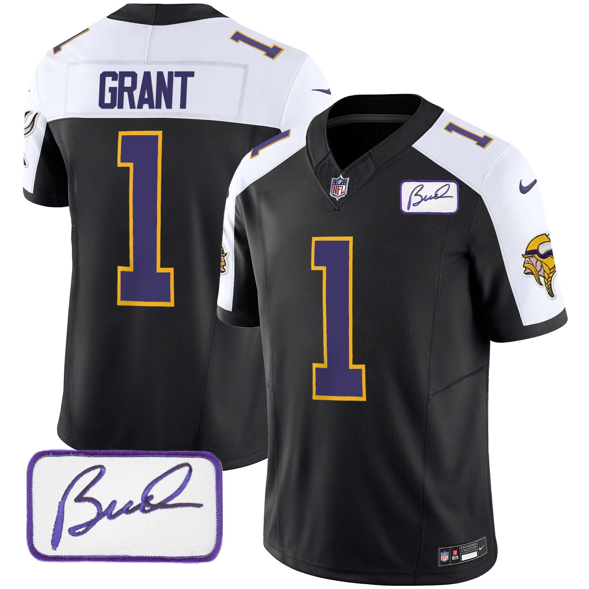 Men's Minnesota Vikings Bud Grant Patch Classic Limited Jersey V3 - All Stitched - Black Alternate, Bud Grant