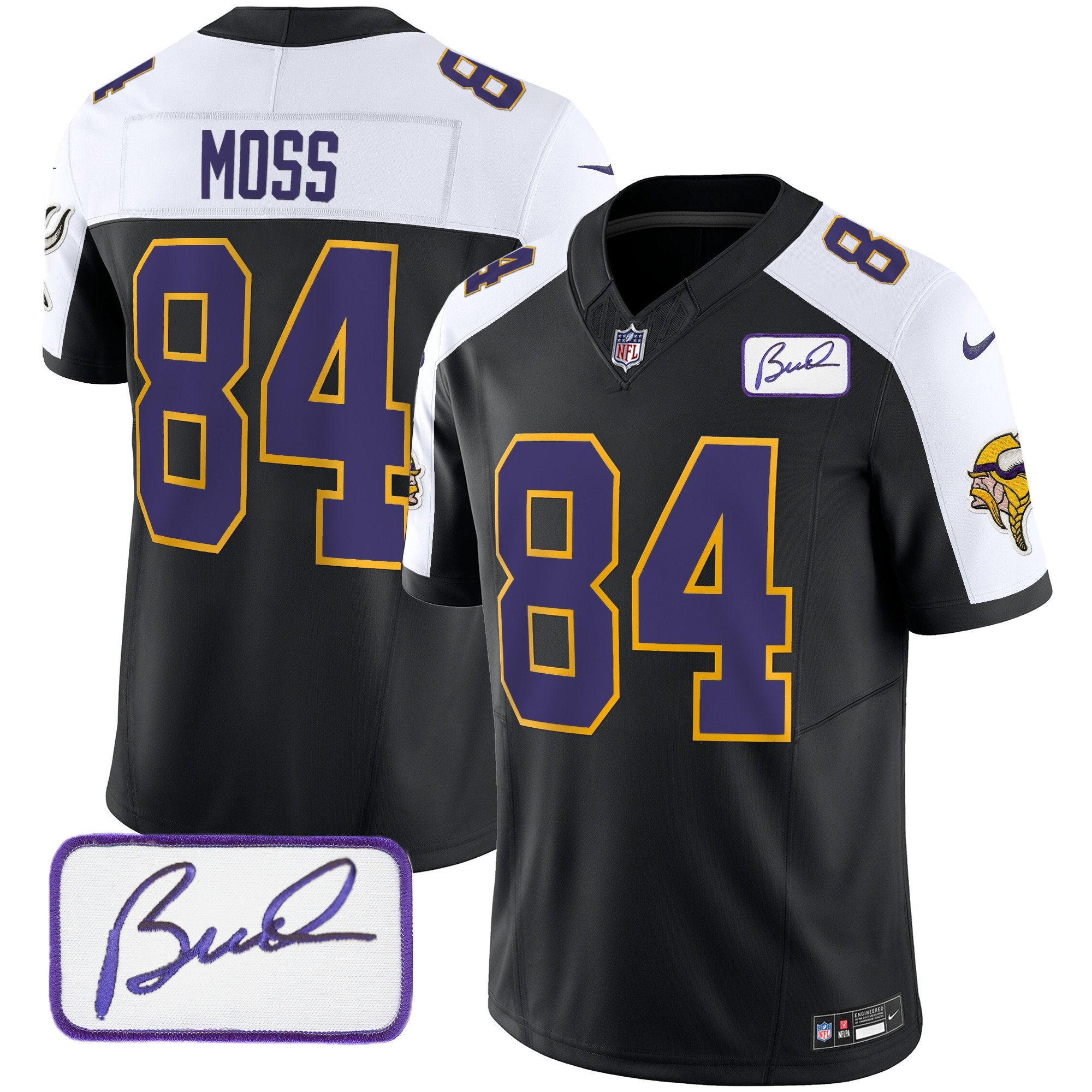 Men's Minnesota Vikings Bud Grant Patch Classic Limited Jersey V3 - All Stitched - Black Alternate, Randy Moss