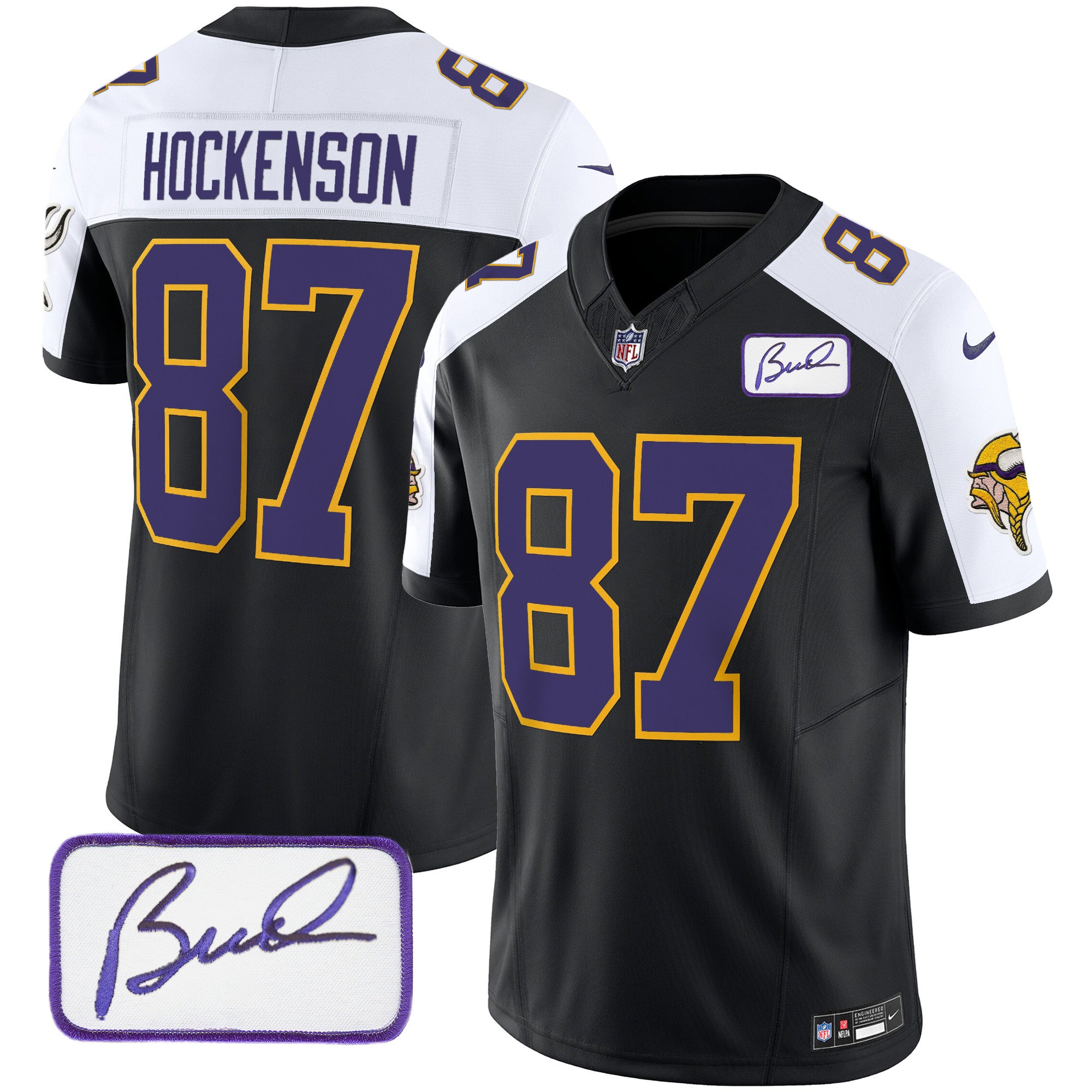 Men's Minnesota Vikings Bud Grant Patch Classic Limited Jersey V3 - All Stitched - Black Alternate, T.J. Hockenson