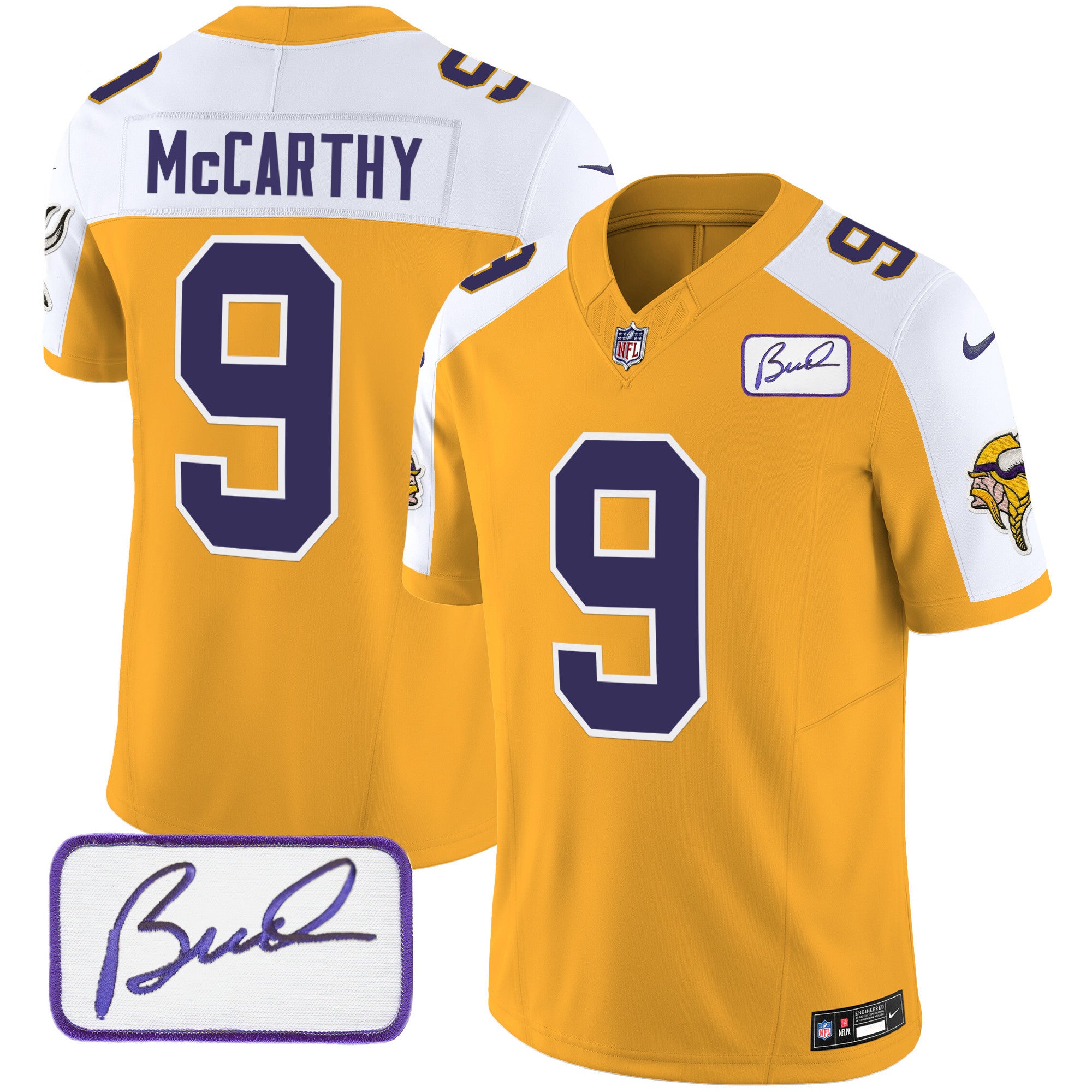 Men's Minnesota Vikings Bud Grant Patch Classic Limited Jersey V3 - All Stitched - Gold Alternate, J.J. McCarthy