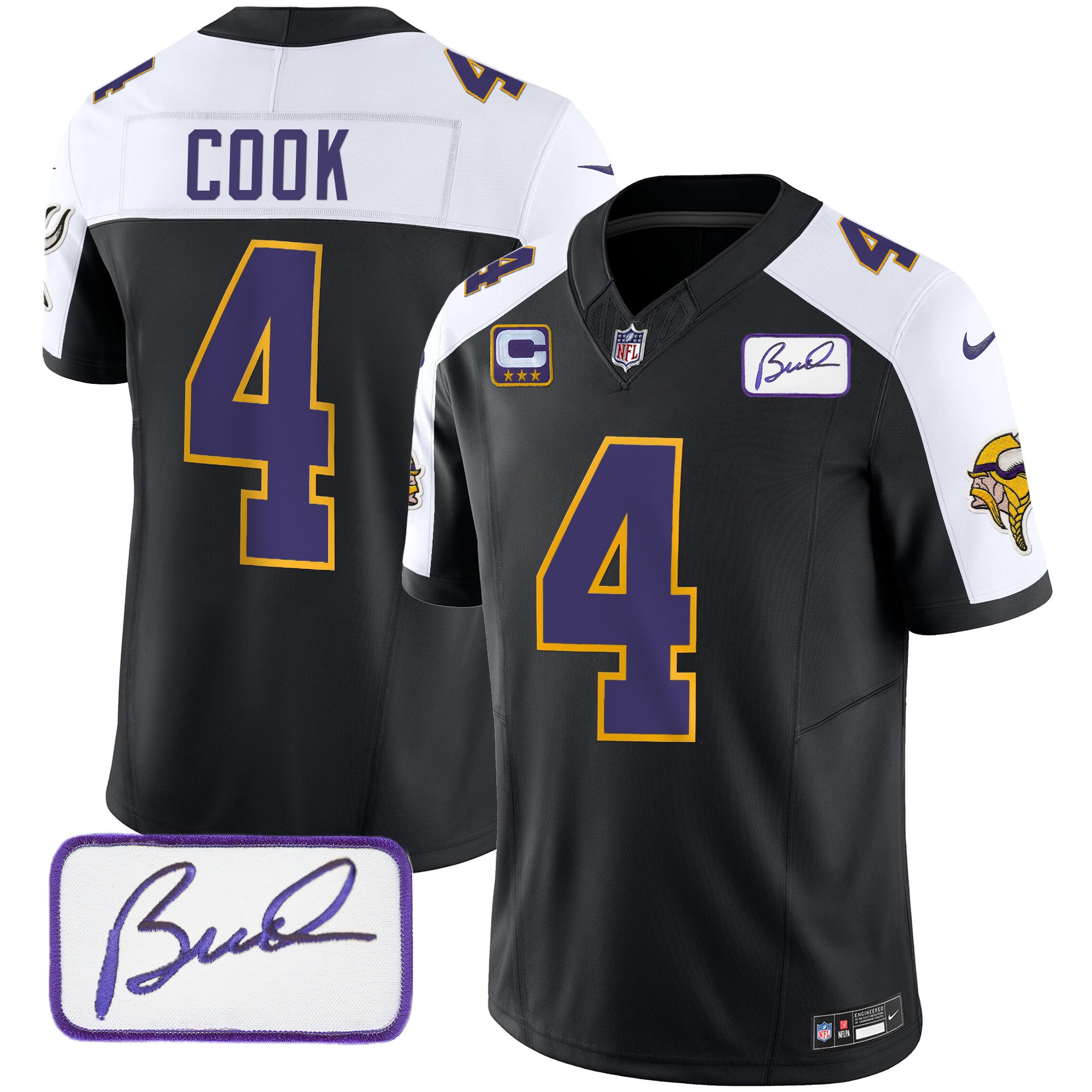 Men's Minnesota Vikings Bud Grant Patch Classic Limited Jersey V3 - All Stitched - Black Alternate, Dalvin Cook
