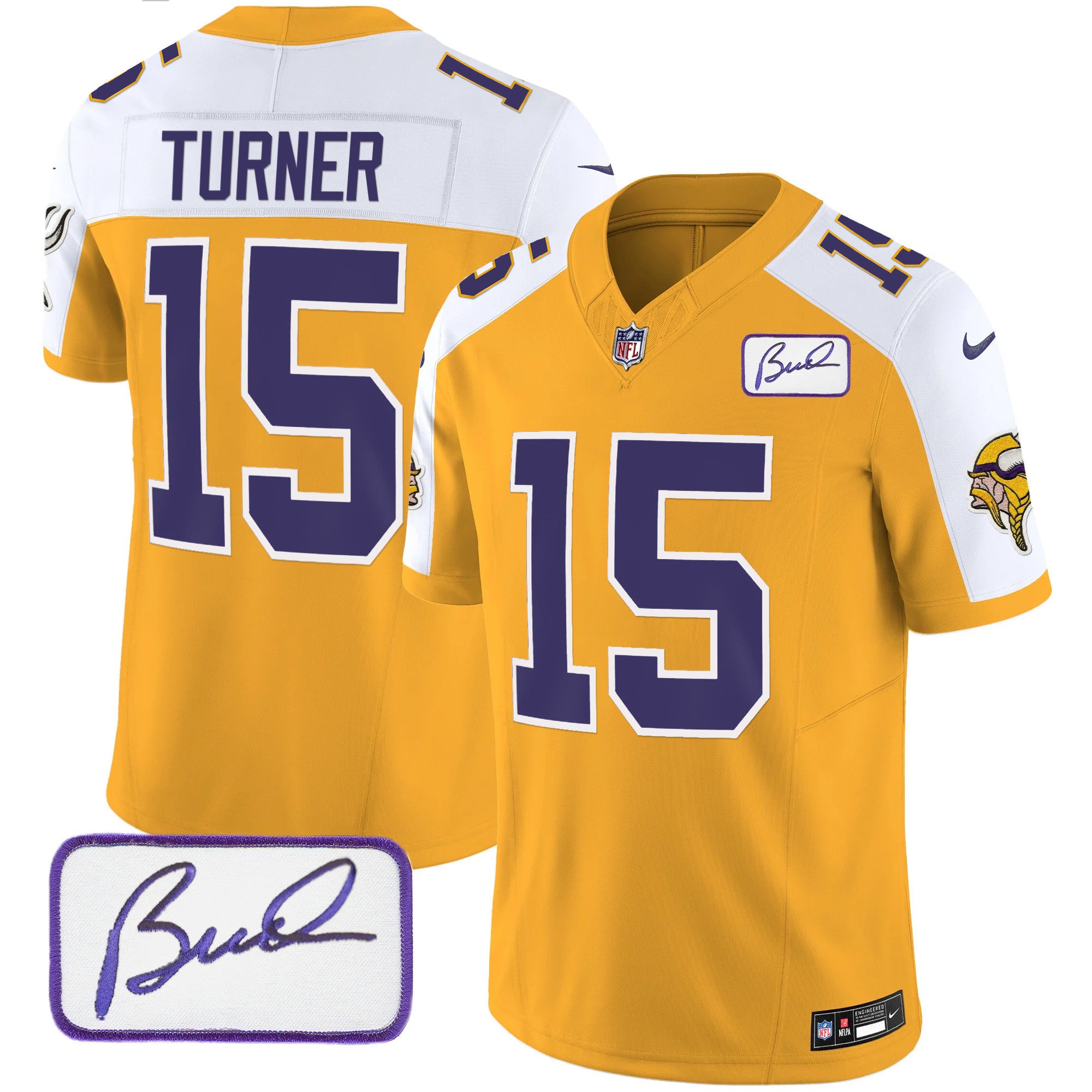 Men's Minnesota Vikings Bud Grant Patch Classic Limited Jersey V3 - All Stitched - Gold Alternate, Dallas Turner
