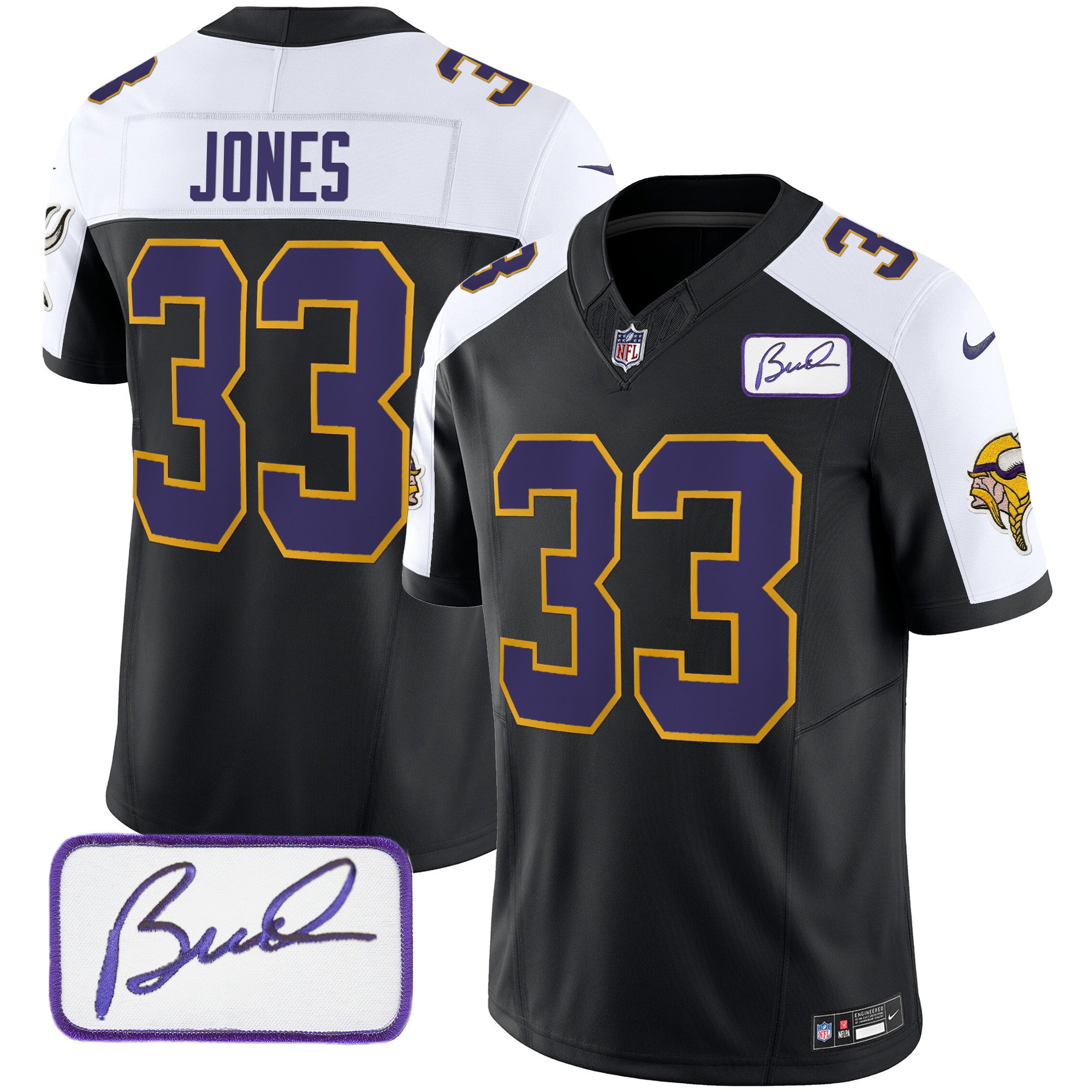 Men's Minnesota Vikings Bud Grant Patch Classic Limited Jersey V3 - All Stitched - Black Alternate, Aaron Jones