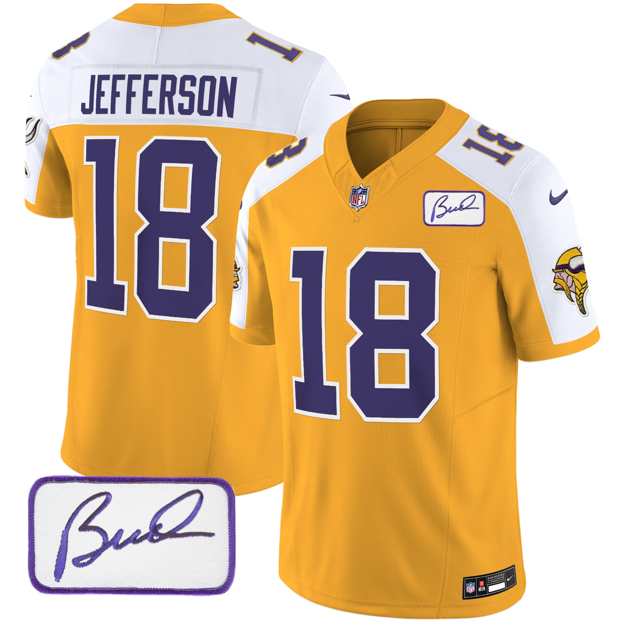 Men's Minnesota Vikings Bud Grant Patch Classic Limited Jersey V3 - All Stitched - Gold Alternate, Justin Jefferson