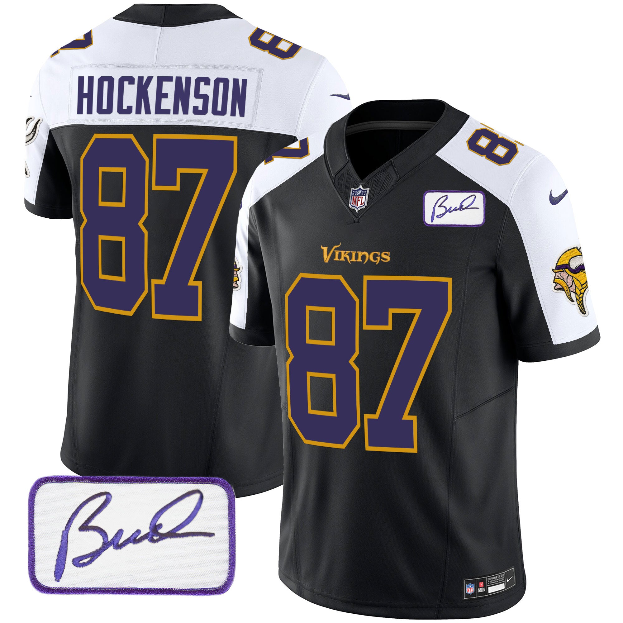 Men's Minnesota Vikings Bud Grant Patch Classic Limited Jersey V6 - All Stitched - Black Alternate, T.J. Hockenson