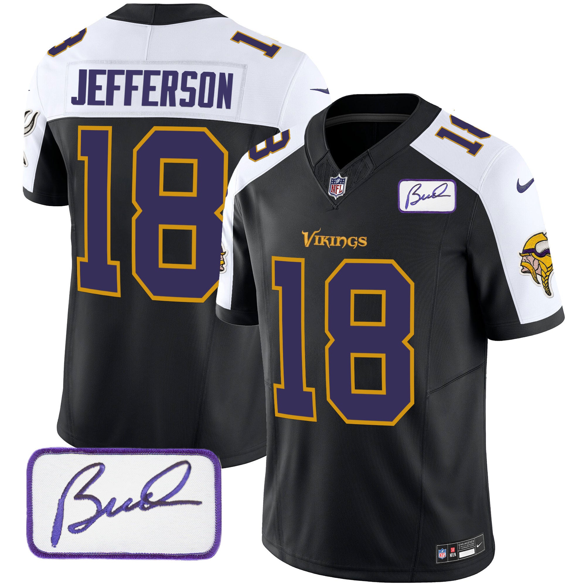 Men's Minnesota Vikings Bud Grant Patch Classic Limited Jersey V6 - All Stitched - Black Alternate, Justin Jefferson