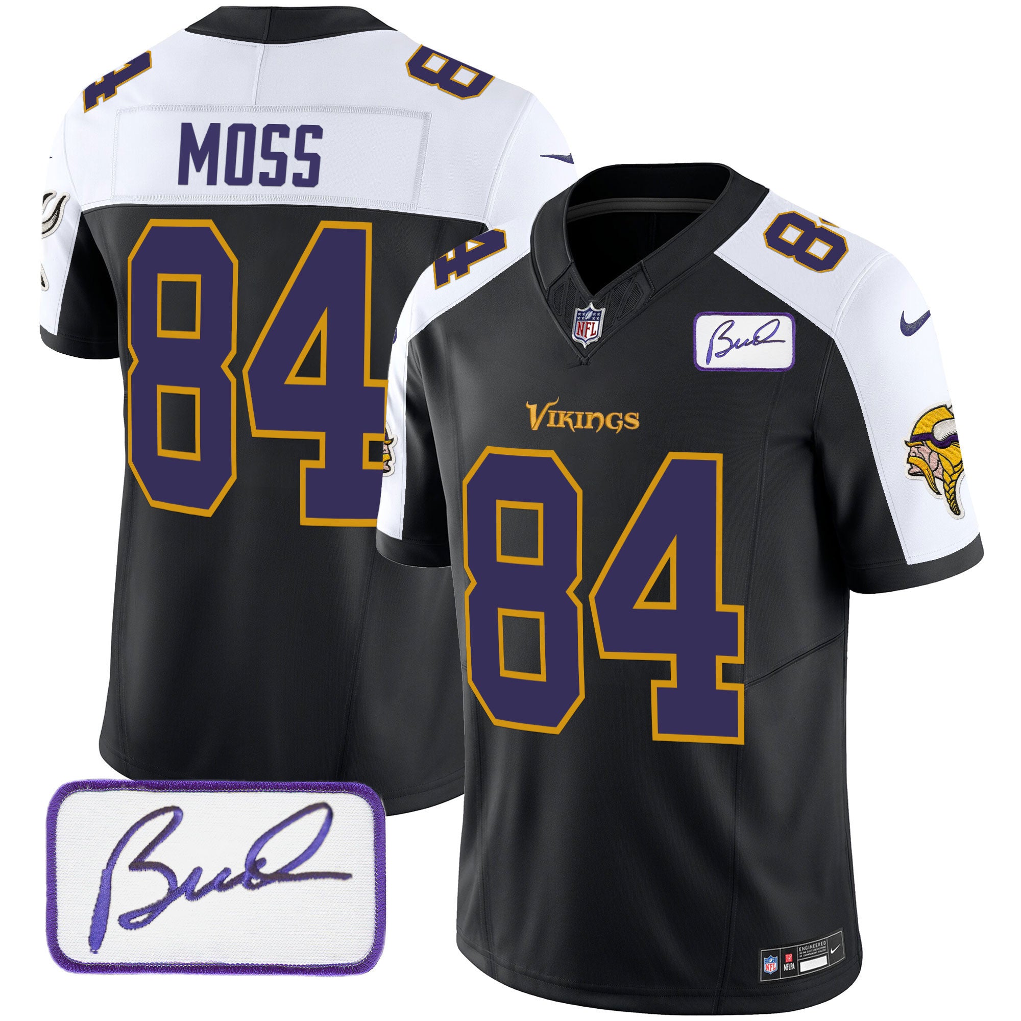 Men's Minnesota Vikings Bud Grant Patch Classic Limited Jersey V6 - All Stitched - Black Alternate, Randy Moss