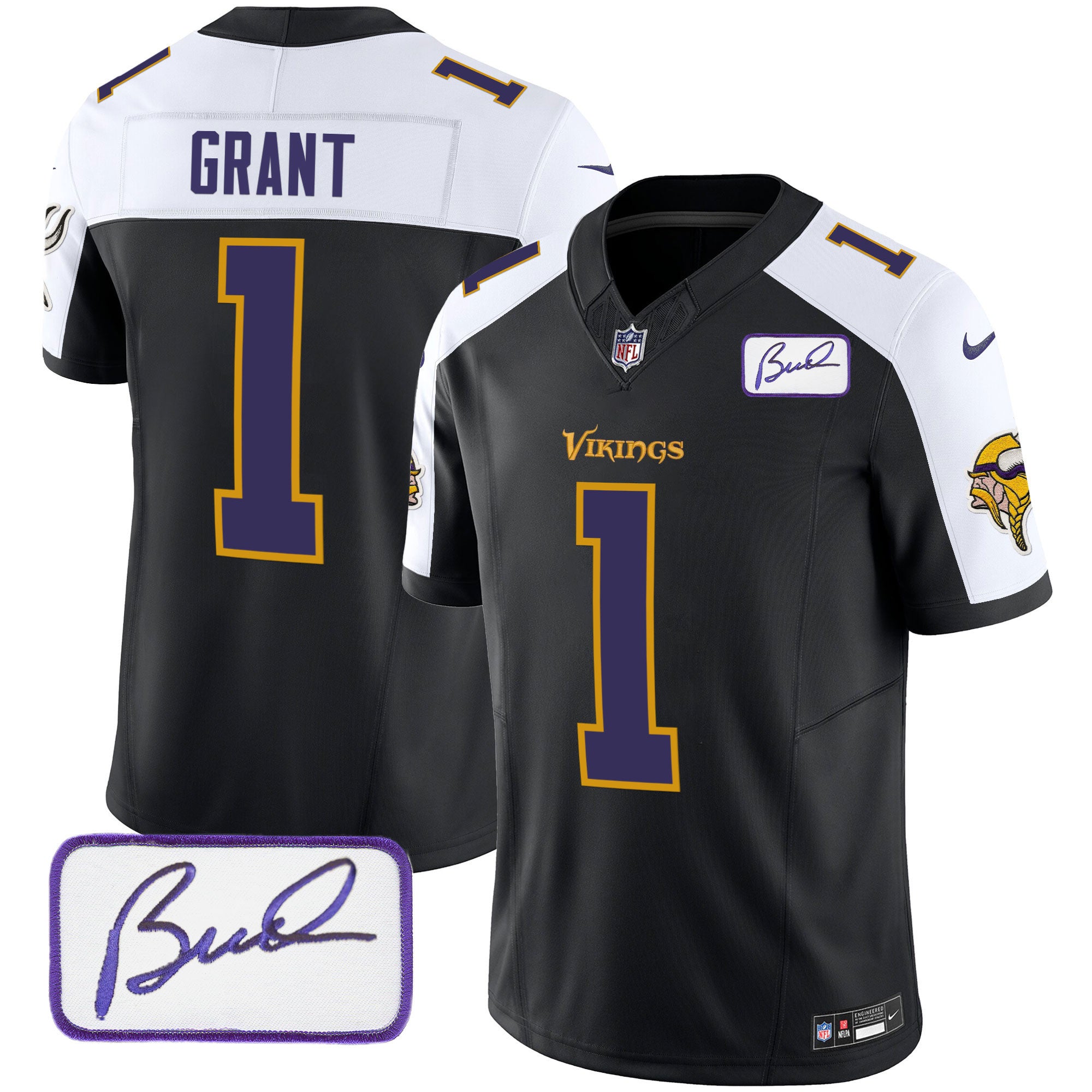Men's Minnesota Vikings Bud Grant Patch Classic Limited Jersey V6 - All Stitched - Black Alternate, Bud Grant
