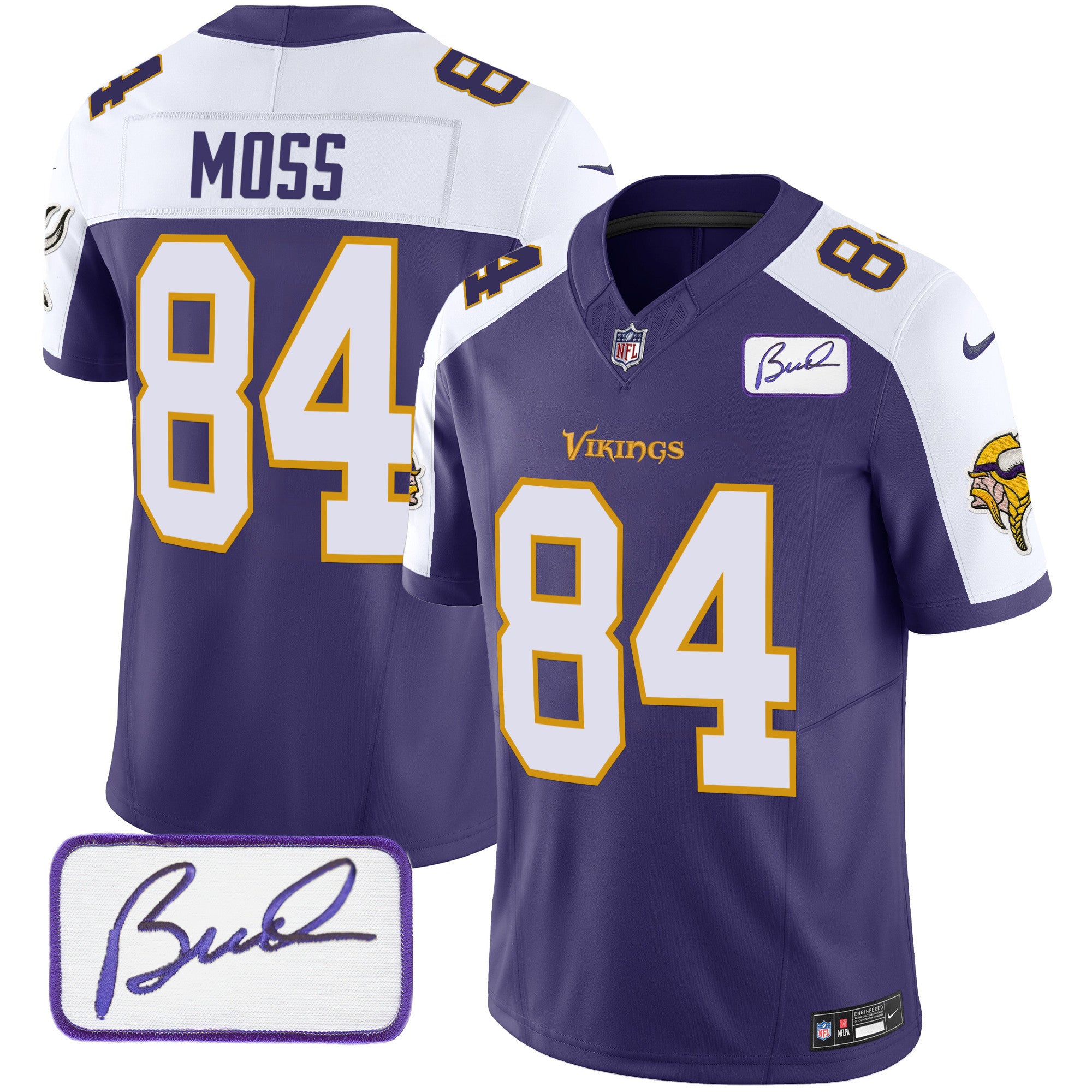 Men's Minnesota Vikings Bud Grant Patch Classic Limited Jersey V6 - All Stitched - Purple Alternate, Randy Moss