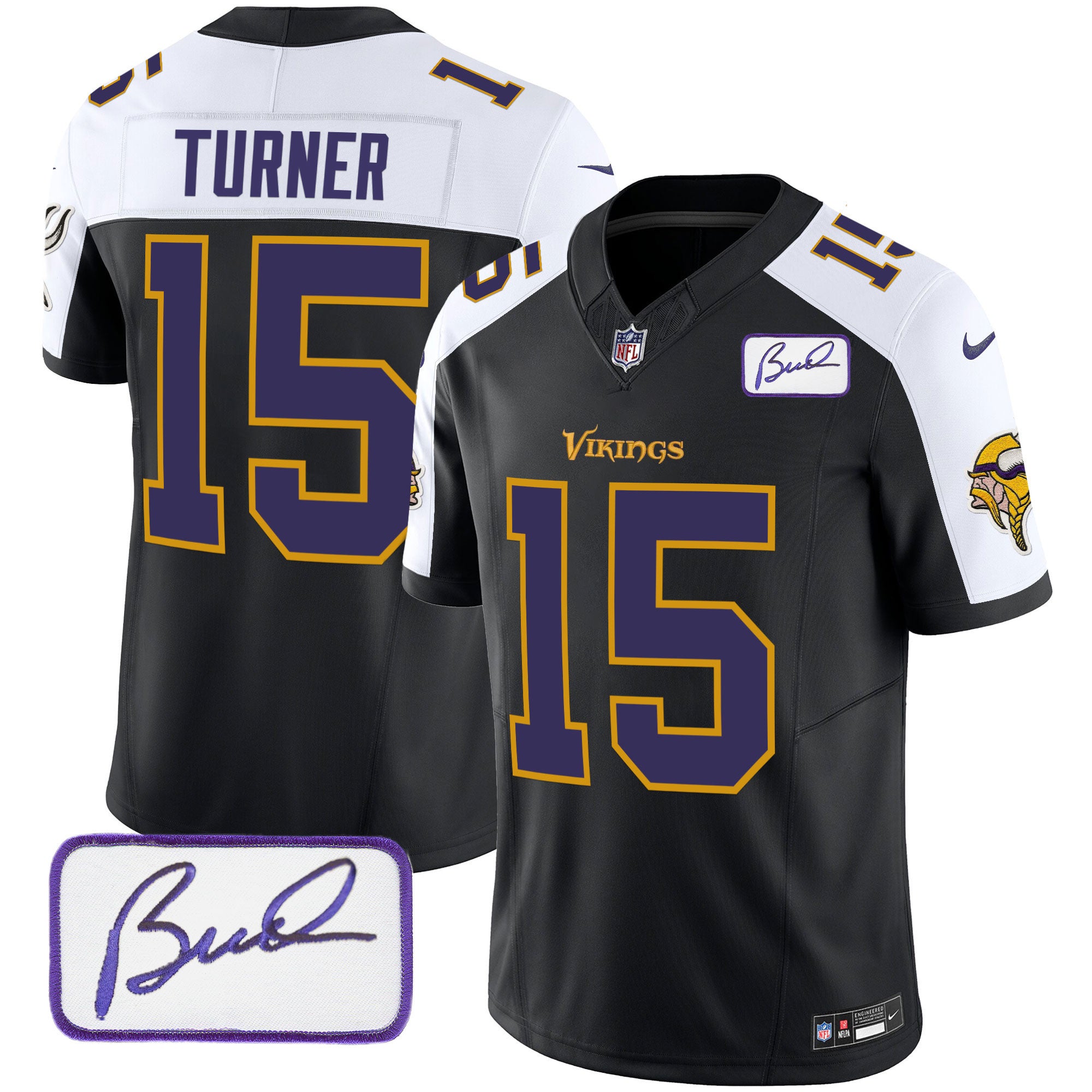 Men's Minnesota Vikings Bud Grant Patch Classic Limited Jersey V6 - All Stitched - Black Alternate, Dallas Turner