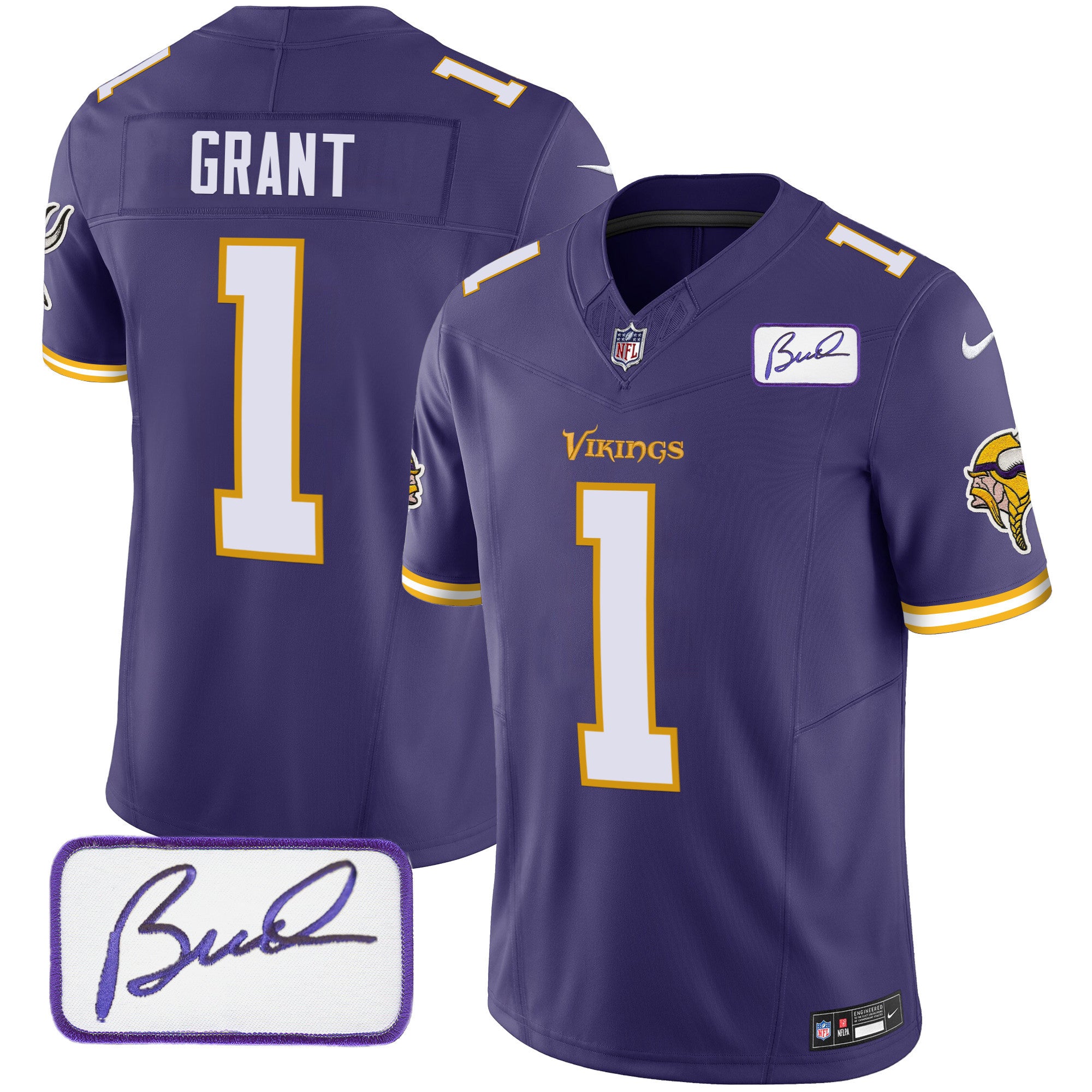 Men's Minnesota Vikings Bud Grant Patch Classic Limited Jersey V6 - All Stitched - Purple, Bud Grant