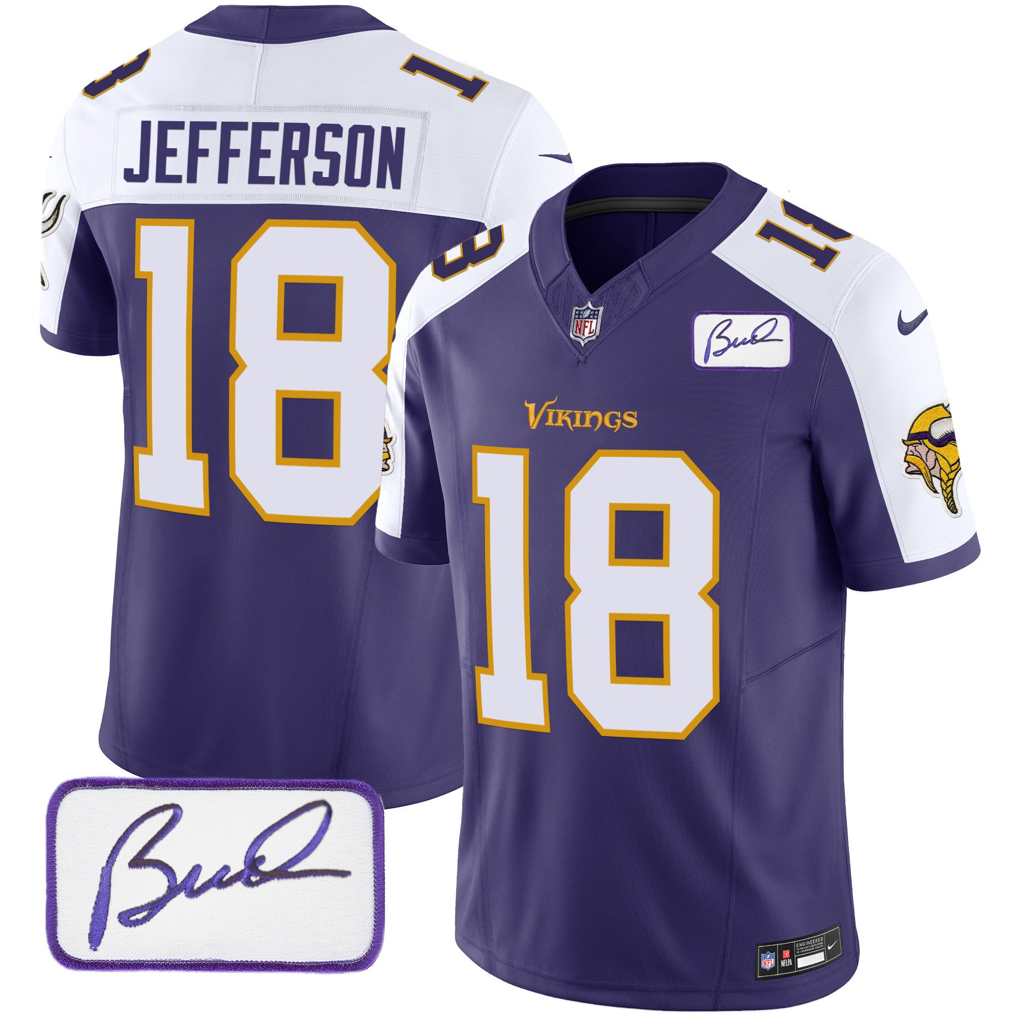 Men's Minnesota Vikings Bud Grant Patch Classic Limited Jersey V6 - All Stitched - Purple Alternate, Justin Jefferson