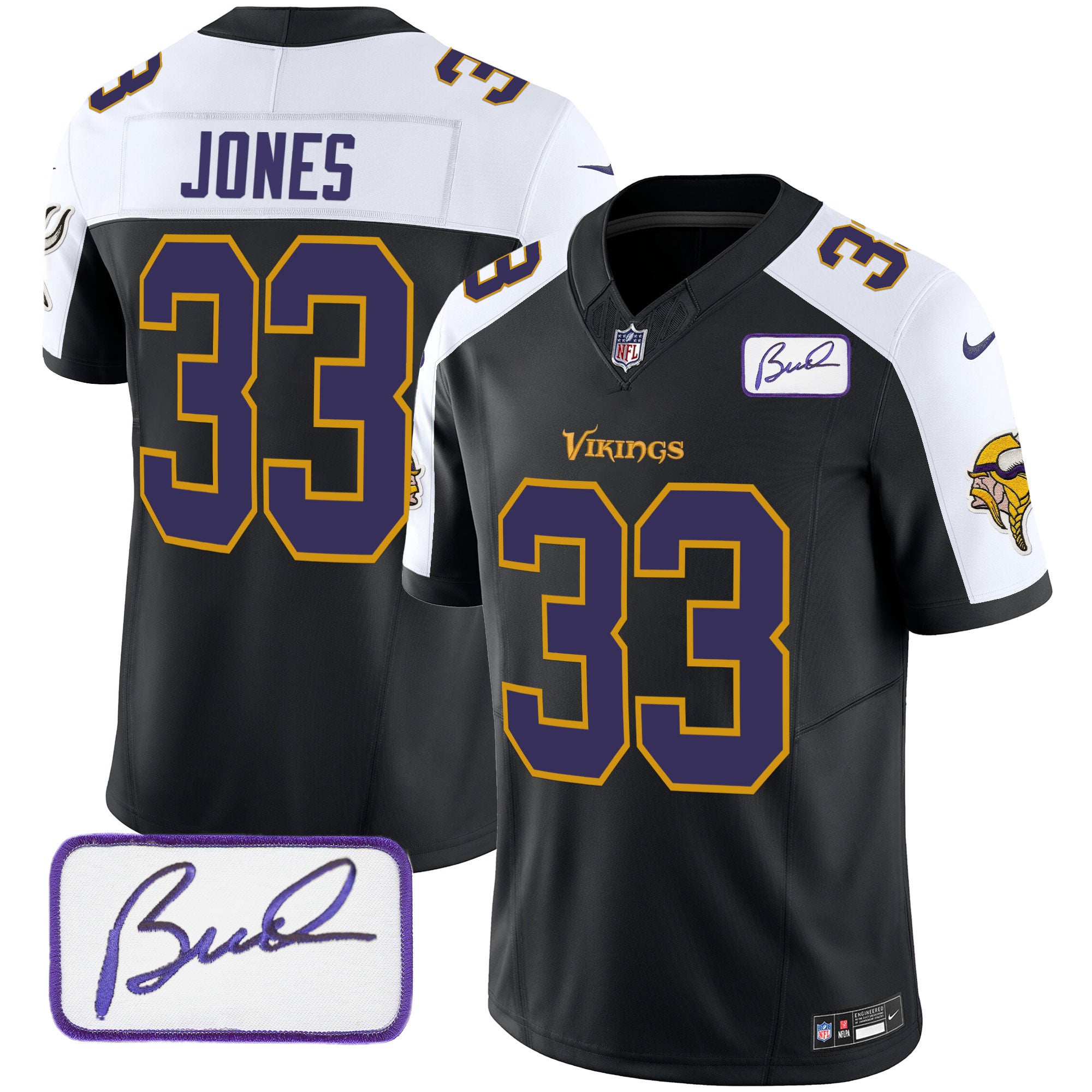 Men's Minnesota Vikings Bud Grant Patch Classic Limited Jersey V6 - All Stitched - Black Alternate, Aaron Jones