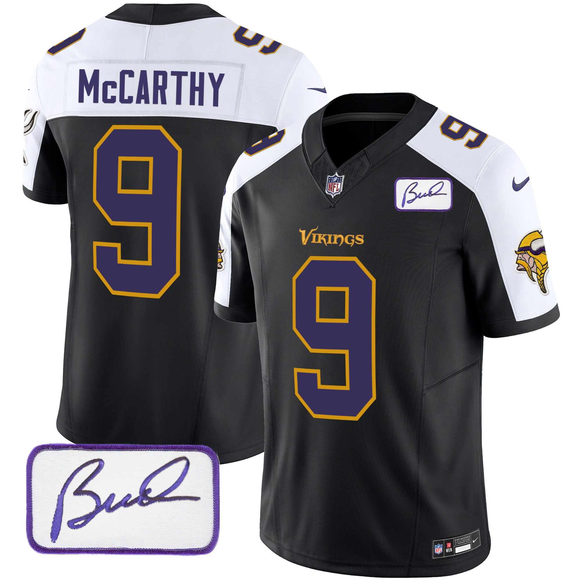 Men's Minnesota Vikings Bud Grant Patch Classic Limited Jersey V6 - All Stitched - Black Alternate, J.J. McCarthy
