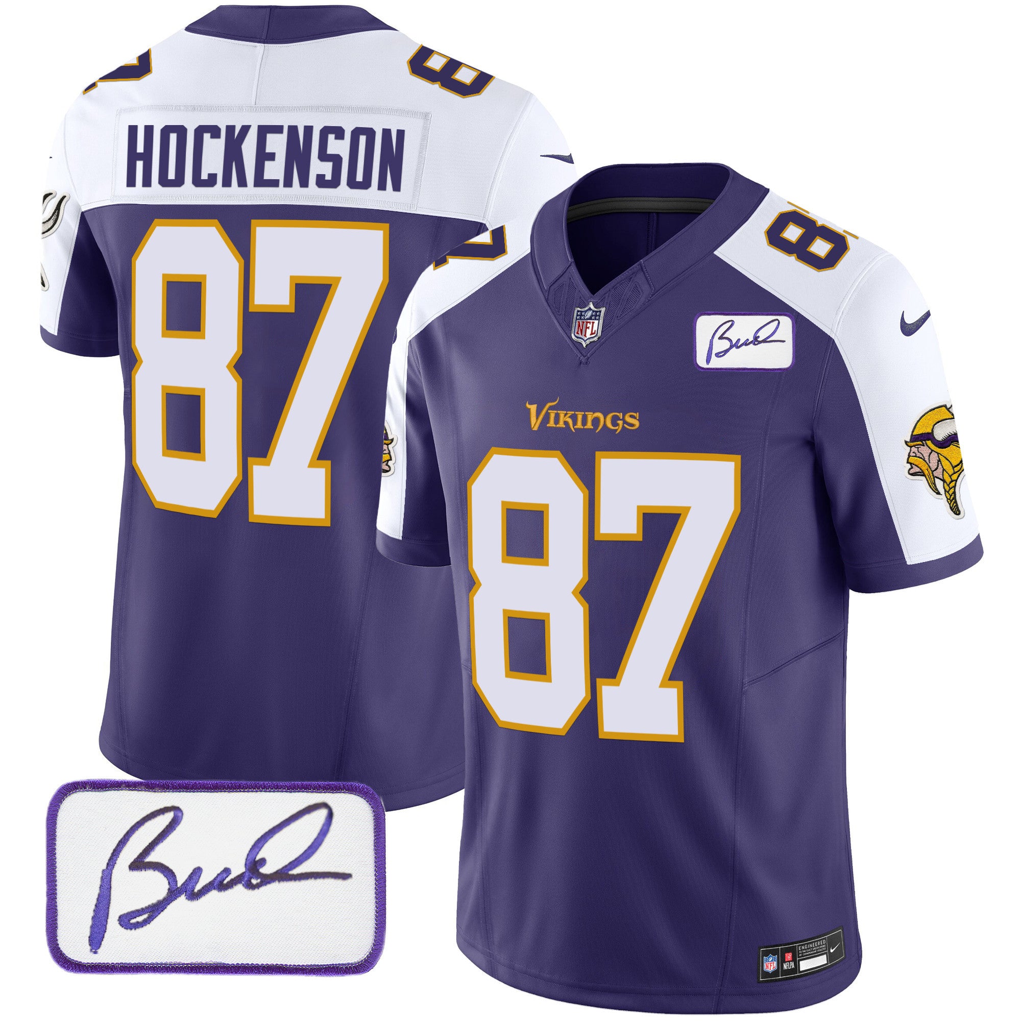 Men's Minnesota Vikings Bud Grant Patch Classic Limited Jersey V6 - All Stitched - Purple Alternate, T.J. Hockenson