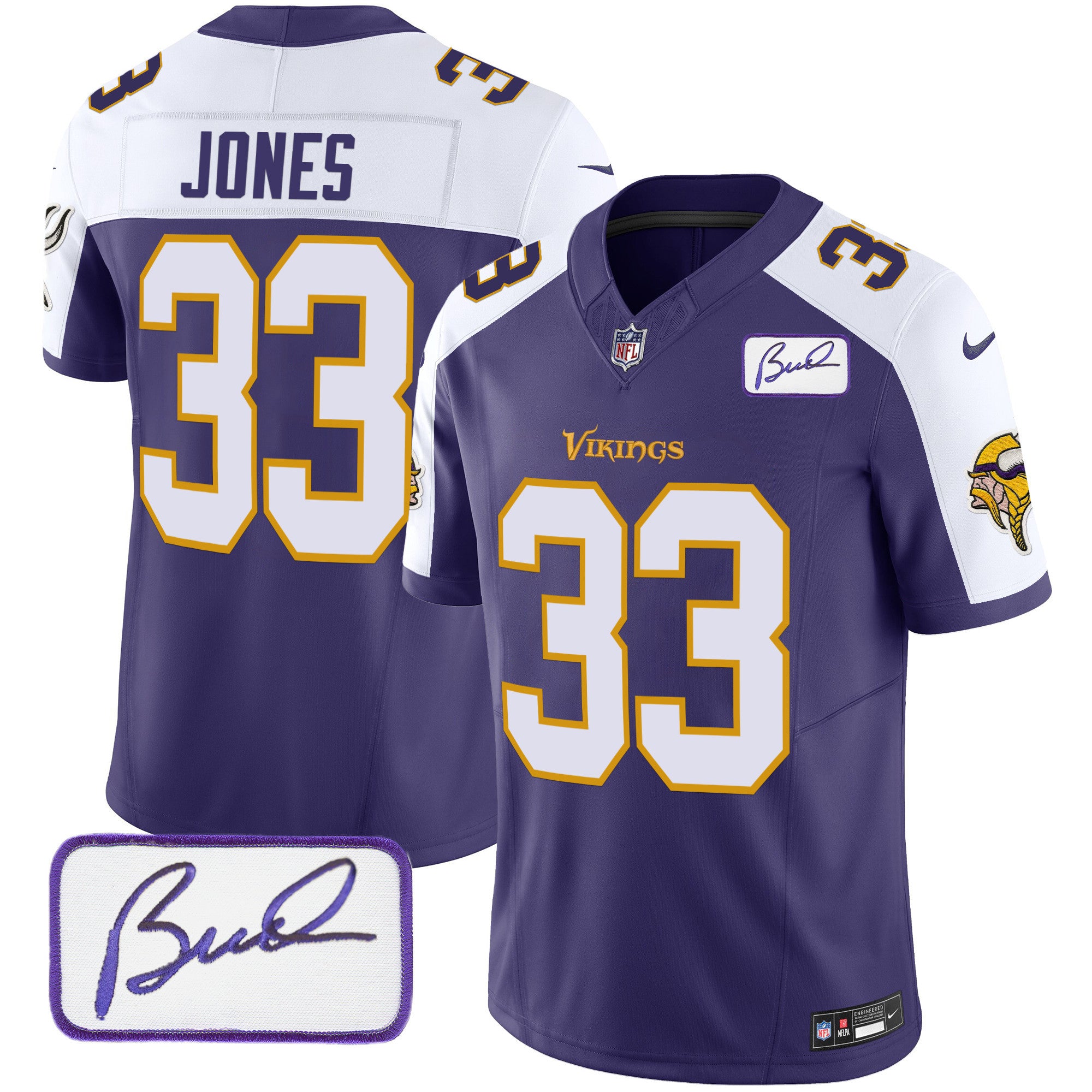 Men's Minnesota Vikings Bud Grant Patch Classic Limited Jersey V6 - All Stitched - Purple Alternate, Aaron Jones