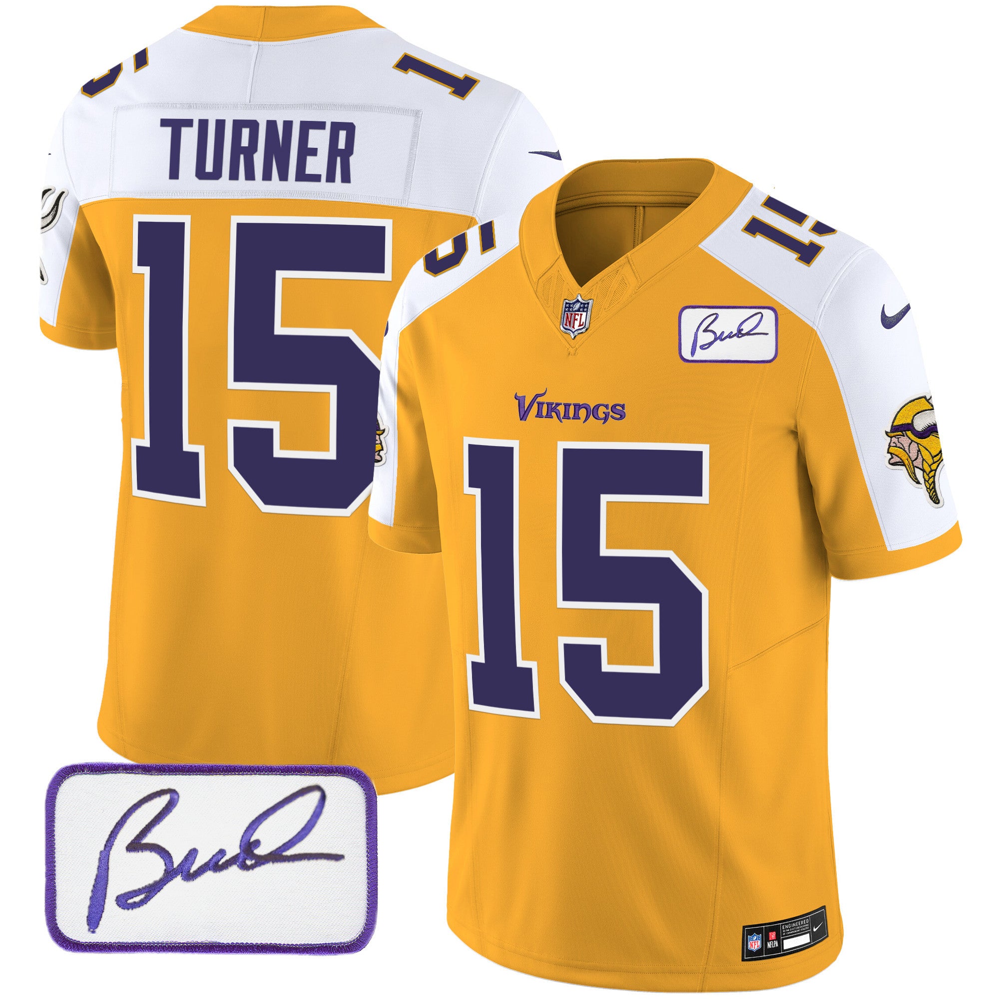 Men's Minnesota Vikings Bud Grant Patch Classic Limited Jersey V6 - All Stitched - Gold Alternate, Dallas Turner