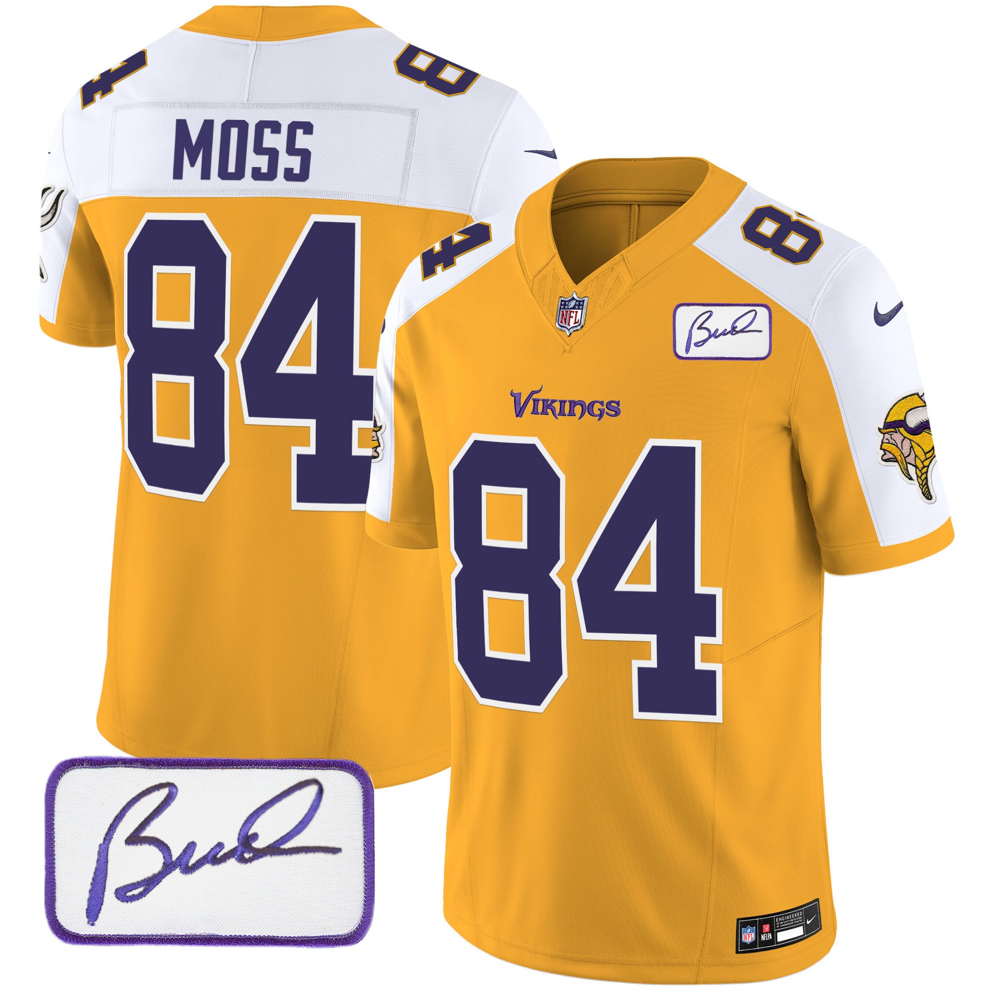 Men's Minnesota Vikings Bud Grant Patch Classic Limited Jersey V6 - All Stitched - Gold Alternate, Randy Moss