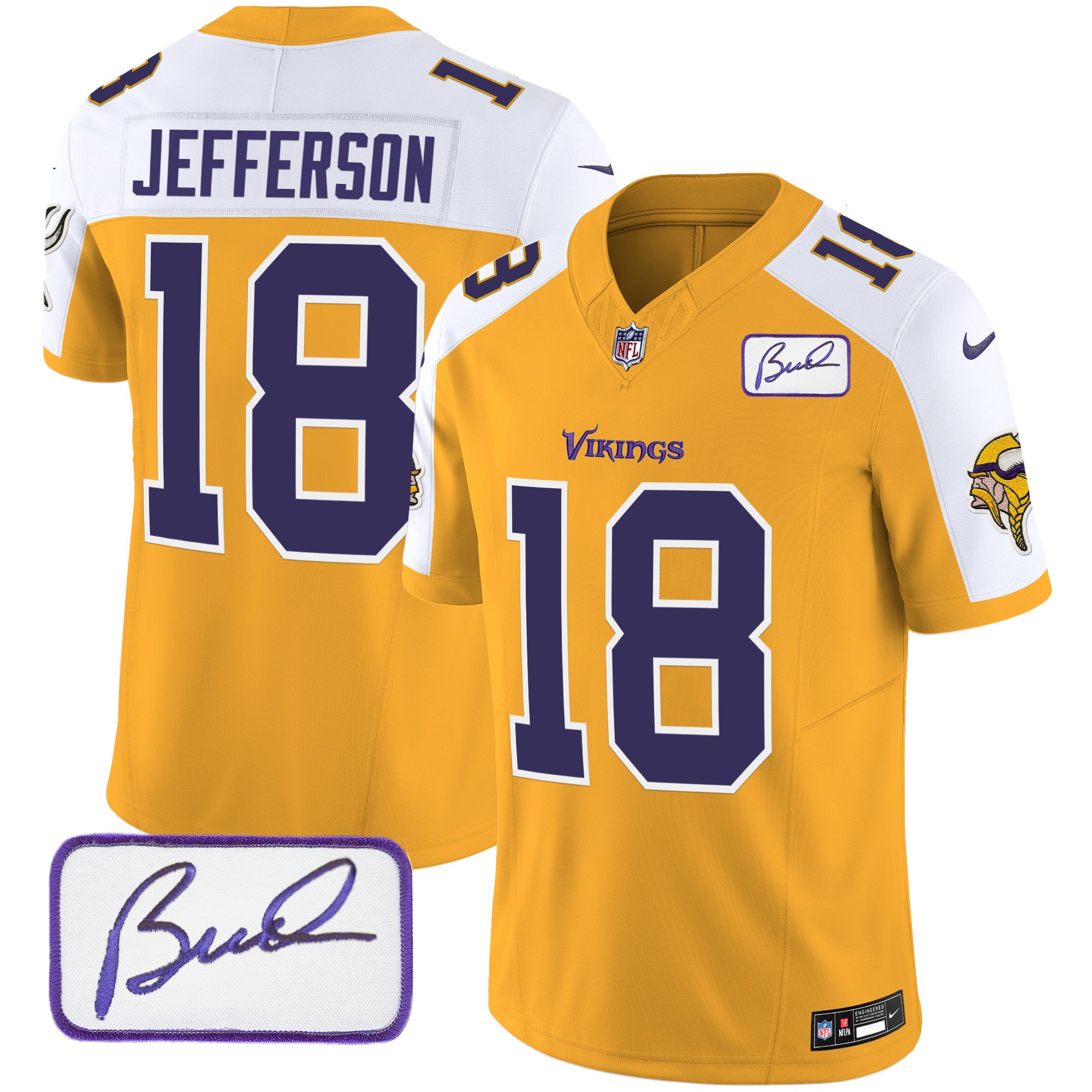 Men's Minnesota Vikings Bud Grant Patch Classic Limited Jersey V6 - All Stitched - Gold Alternate, Justin Jefferson