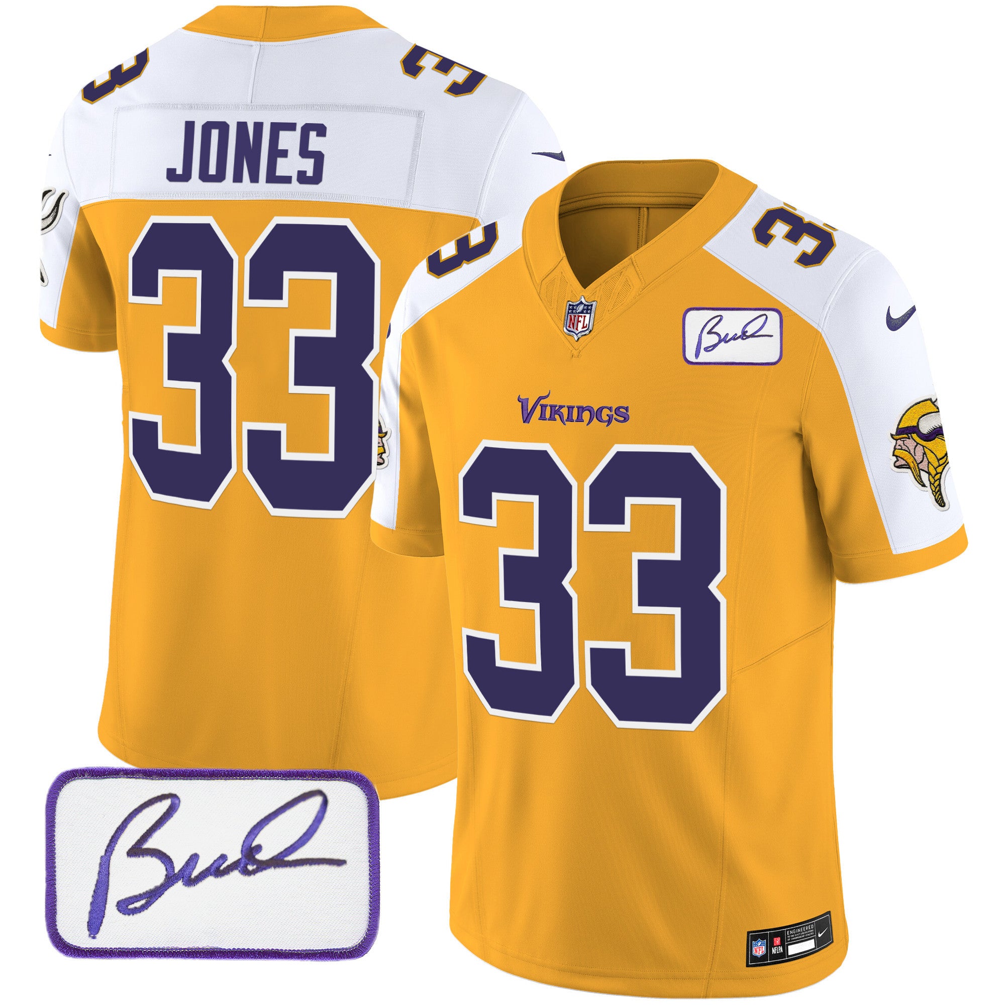 Men's Minnesota Vikings Bud Grant Patch Classic Limited Jersey V6 - All Stitched - Gold Alternate, Aaron Jones