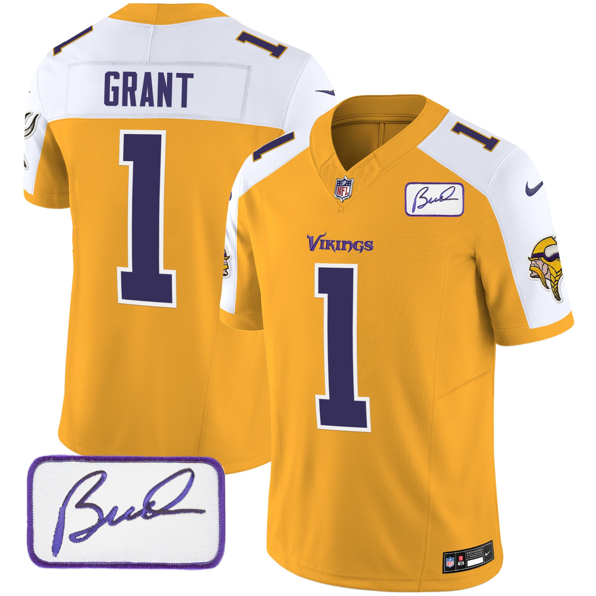 Men's Minnesota Vikings Bud Grant Patch Classic Limited Jersey V6 - All Stitched - Gold Alternate, Bud Grant