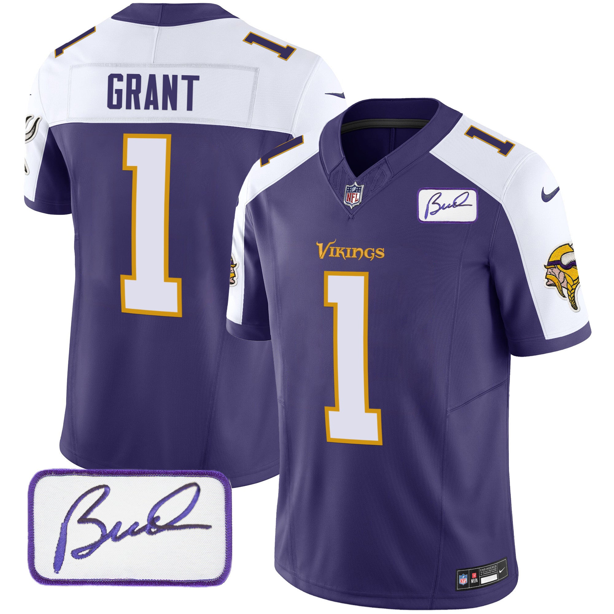Men's Minnesota Vikings Bud Grant Patch Classic Limited Jersey V6 - All Stitched - Purple Alternate, Bud Grant