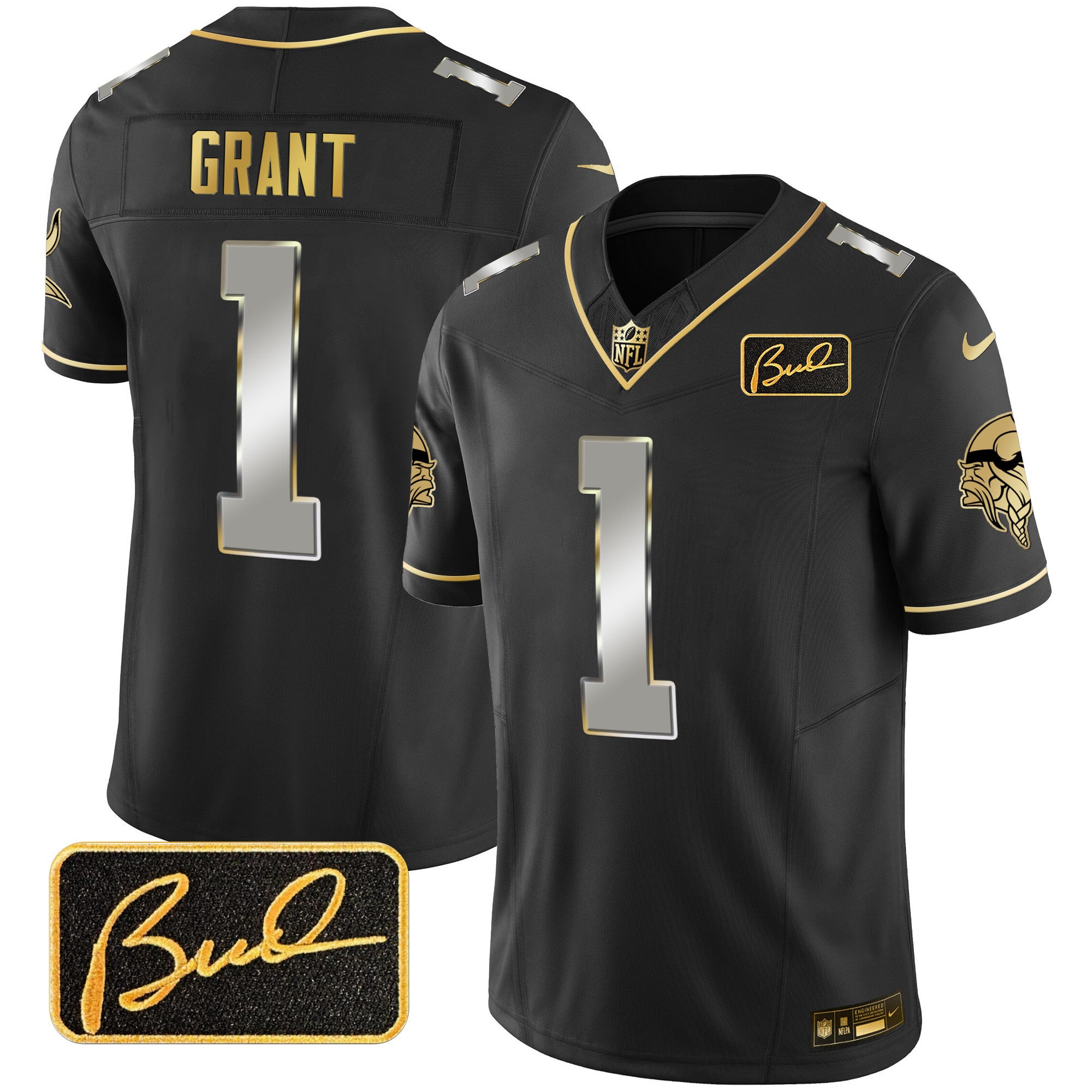 Men's Minnesota Vikings Bud Grant Patch Gold Limited Jersey V2 - All Stitched - Black Limited, Bud Grant