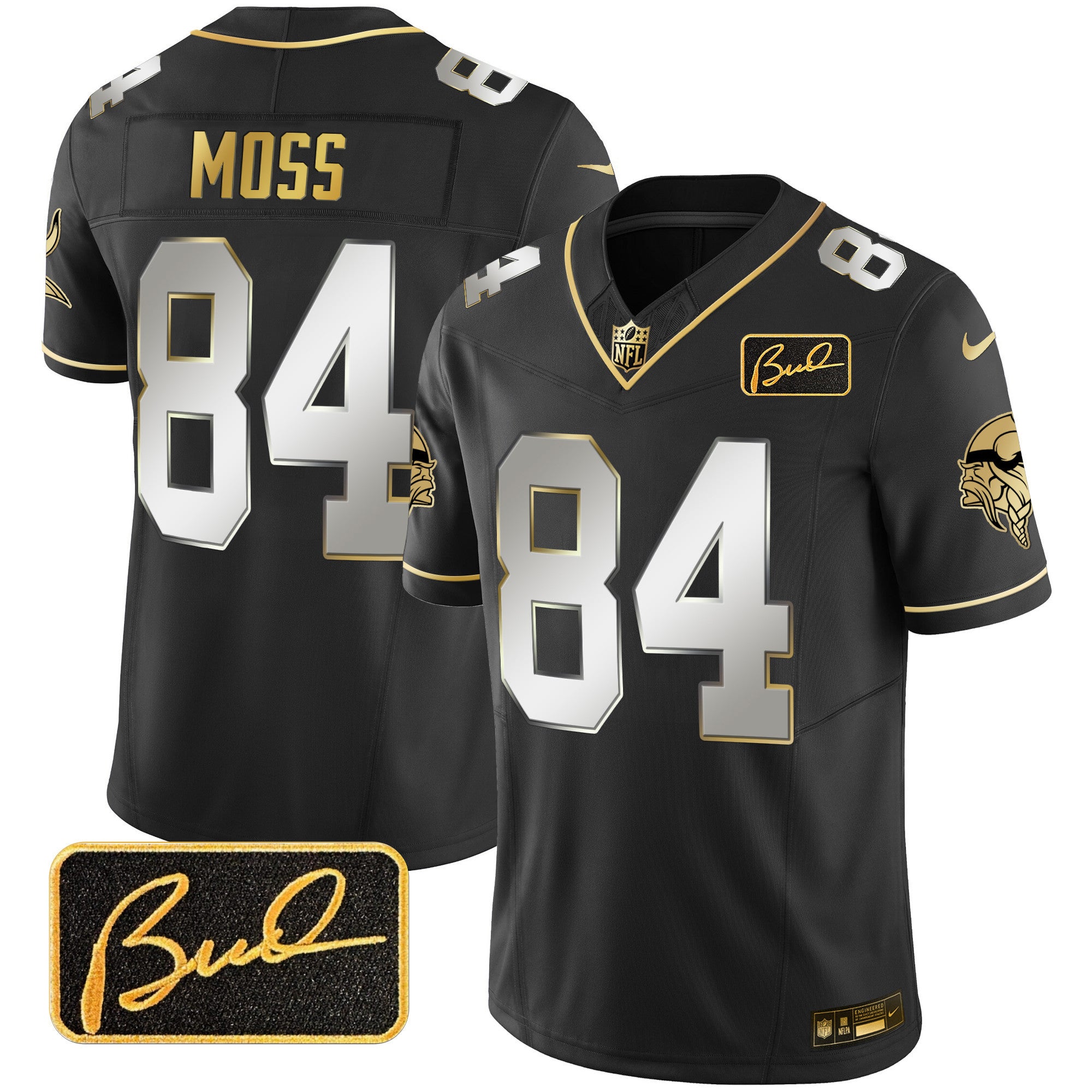 Men's Minnesota Vikings Bud Grant Patch Gold Limited Jersey V2 - All Stitched - Black Limited, Randy Moss