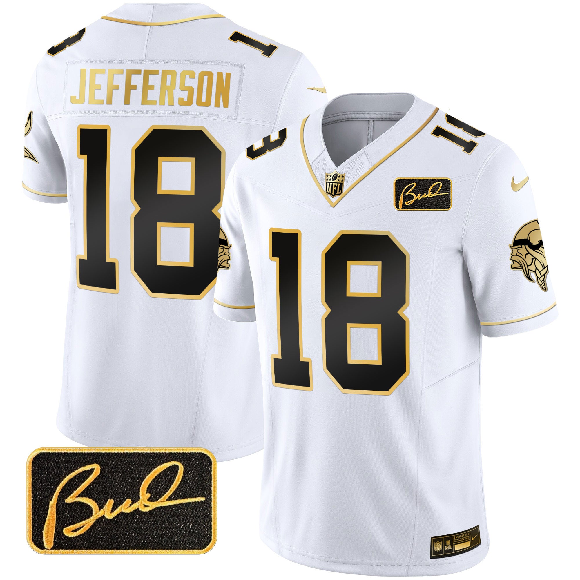 Men's Minnesota Vikings Bud Grant Patch Gold Limited Jersey V2 - All Stitched - White Gold, Justin Jefferson
