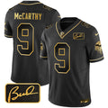 Men's Minnesota Vikings Bud Grant Patch Gold Limited Jersey V2 - All Stitched - Black Gold, J.J. McCarthy