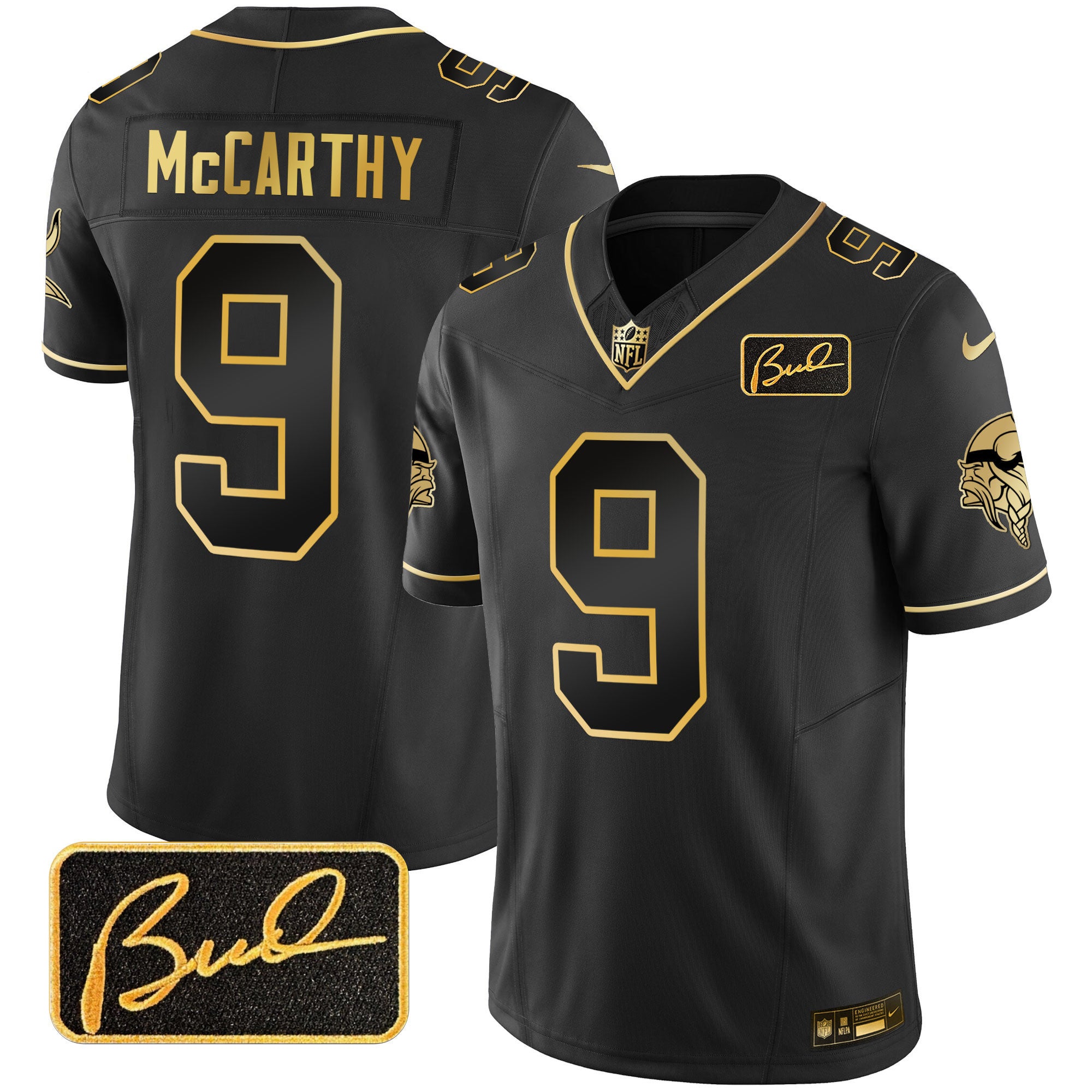 Men's Minnesota Vikings Bud Grant Patch Gold Limited Jersey V2 - All Stitched - Black Gold, J.J. McCarthy