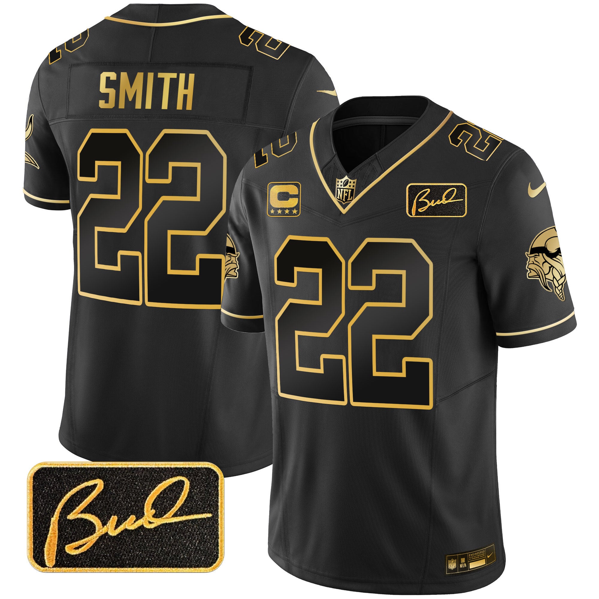 Men's Minnesota Vikings Bud Grant Patch Gold Limited Jersey V2 - All Stitched - Black Gold, Harrison Smith