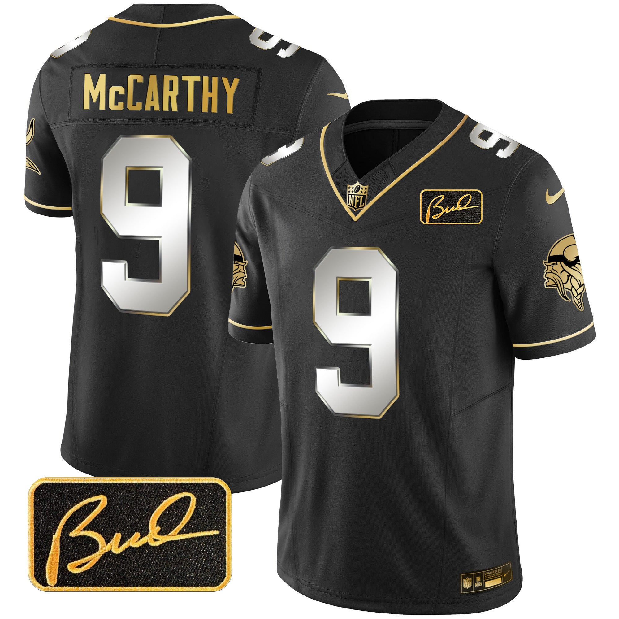 Men's Minnesota Vikings Bud Grant Patch Gold Limited Jersey V2 - All Stitched - Black Limited, J.J. McCarthy
