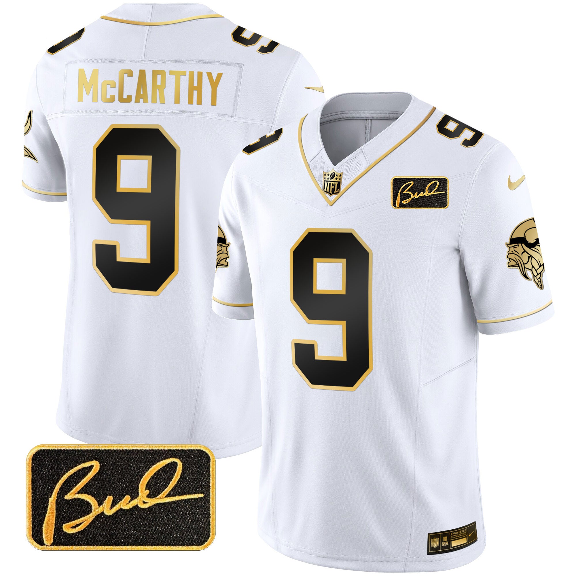 Men's Minnesota Vikings Bud Grant Patch Gold Limited Jersey V2 - All Stitched - White Gold, J.J. McCarthy
