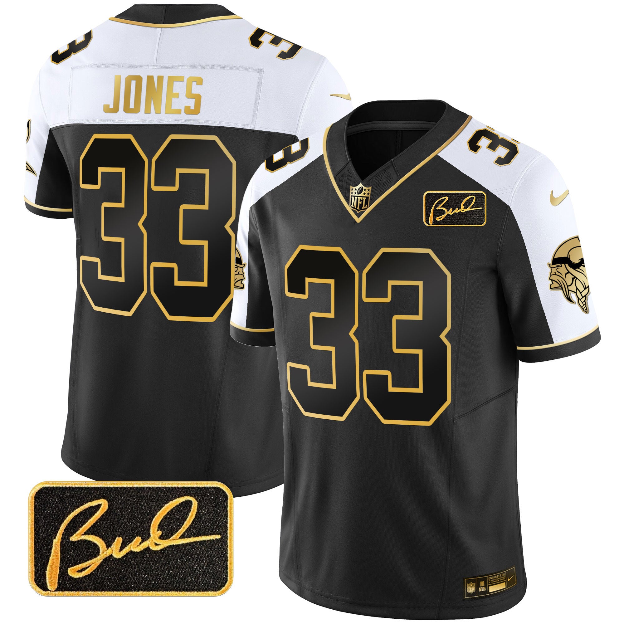 Men's Minnesota Vikings Bud Grant Patch Gold Limited Jersey V2 - All Stitched - Alternate, Aaron Jones