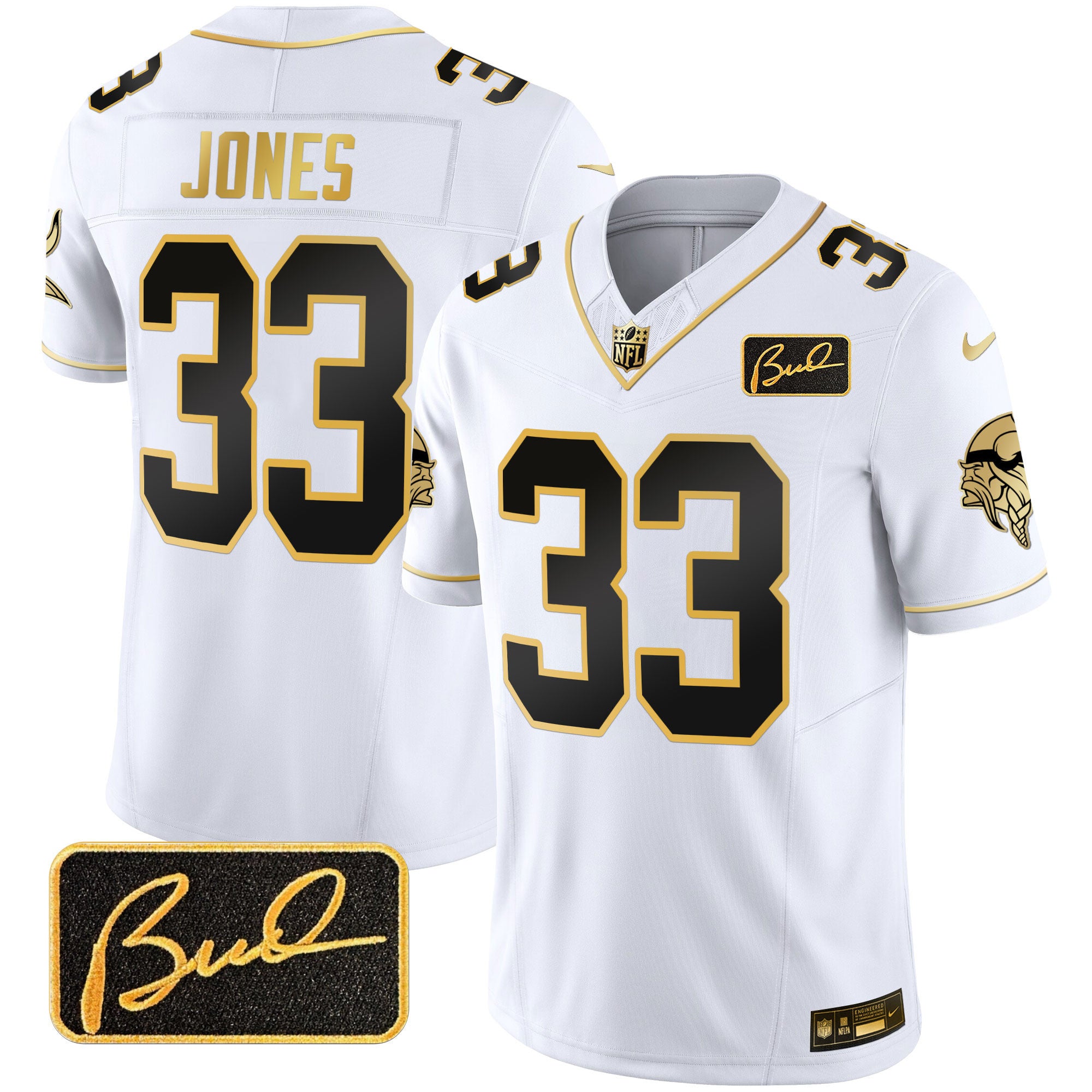 Men's Minnesota Vikings Bud Grant Patch Gold Limited Jersey V2 - All Stitched - White Gold, Aaron Jones