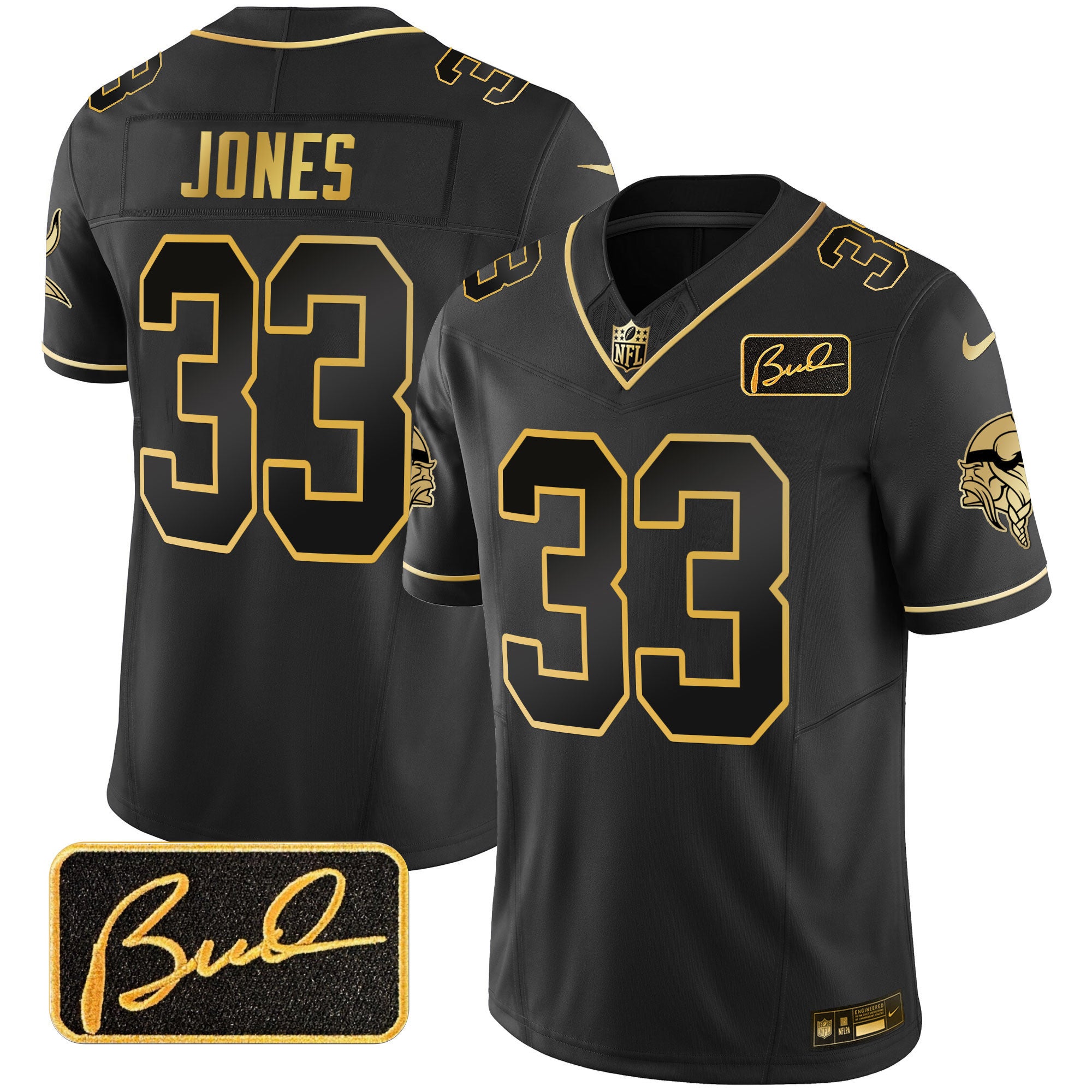 Men's Minnesota Vikings Bud Grant Patch Gold Limited Jersey V2 - All Stitched - Black Gold, Aaron Jones