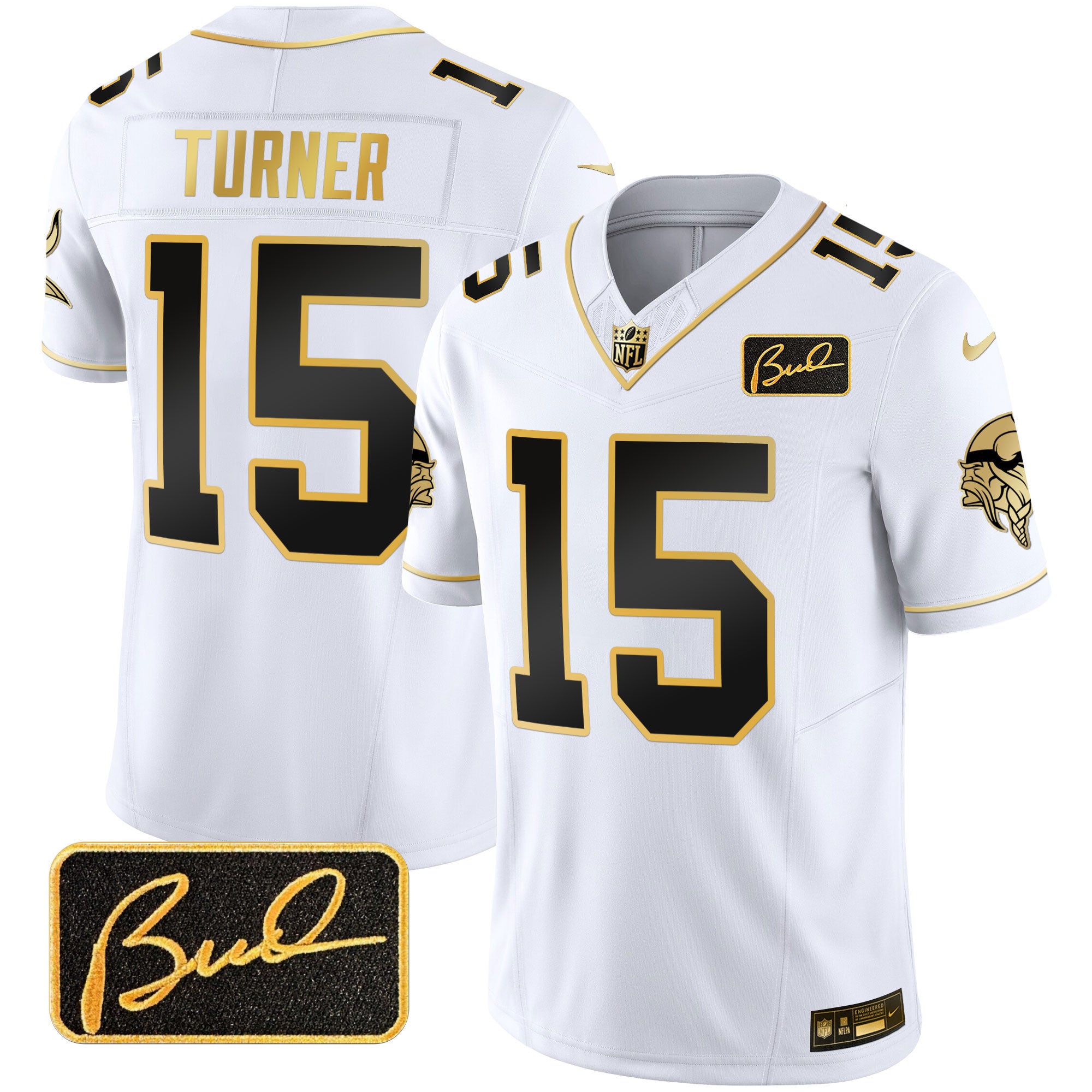 Men's Minnesota Vikings Bud Grant Patch Gold Limited Jersey V2 - All Stitched - White Gold, Dallas Turner