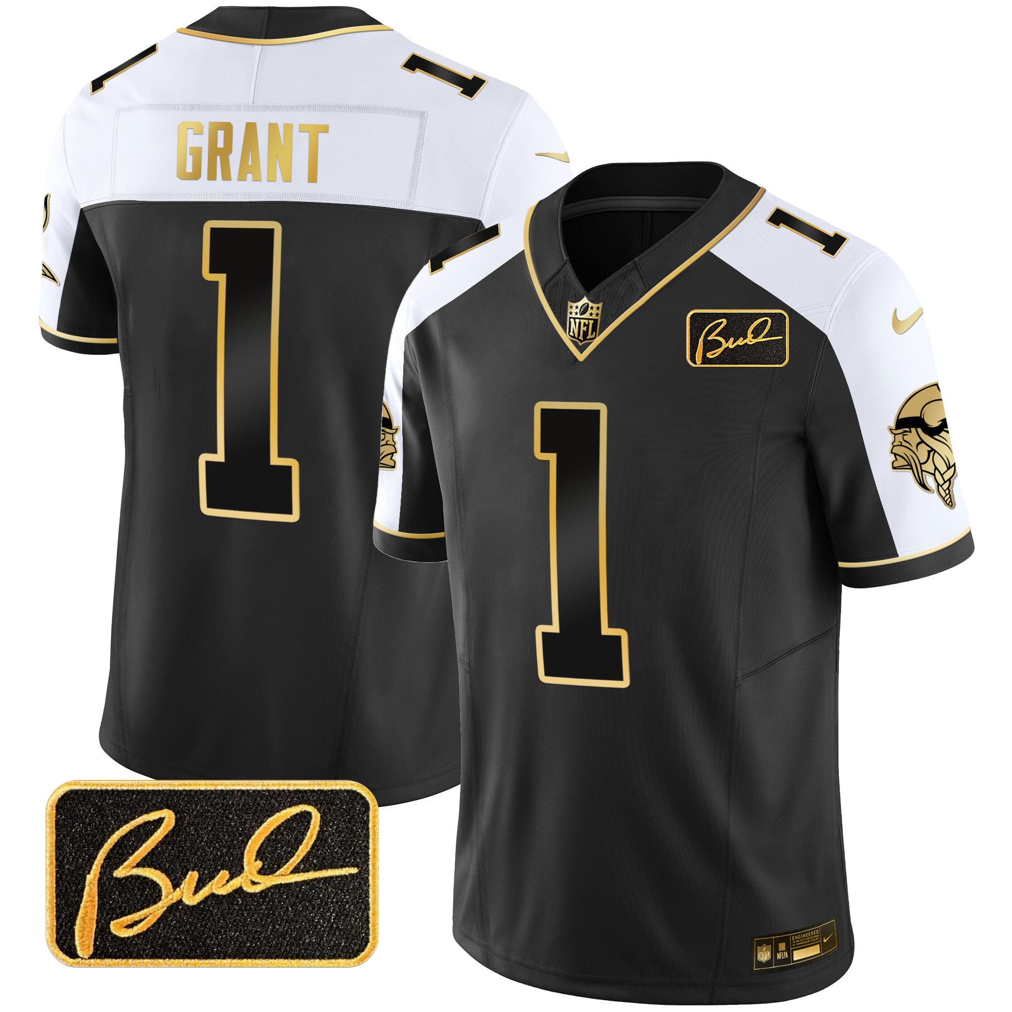 Men's Minnesota Vikings Bud Grant Patch Gold Limited Jersey V2 - All Stitched - Alternate, Bud Grant