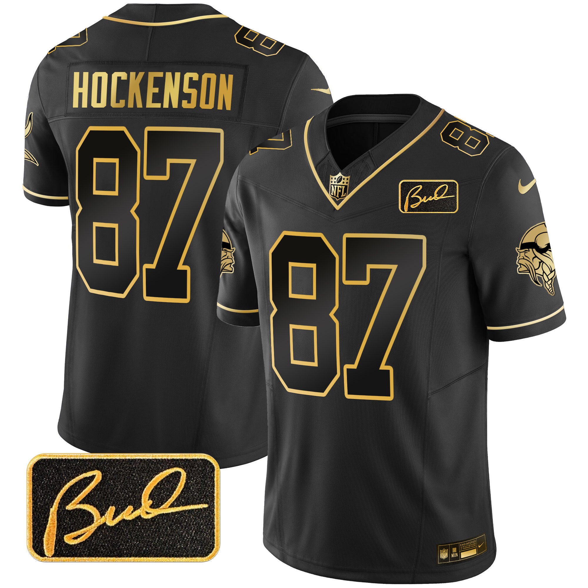 Men's Minnesota Vikings Bud Grant Patch Gold Limited Jersey V2 - All Stitched - Black Gold, T.J. Hockenson