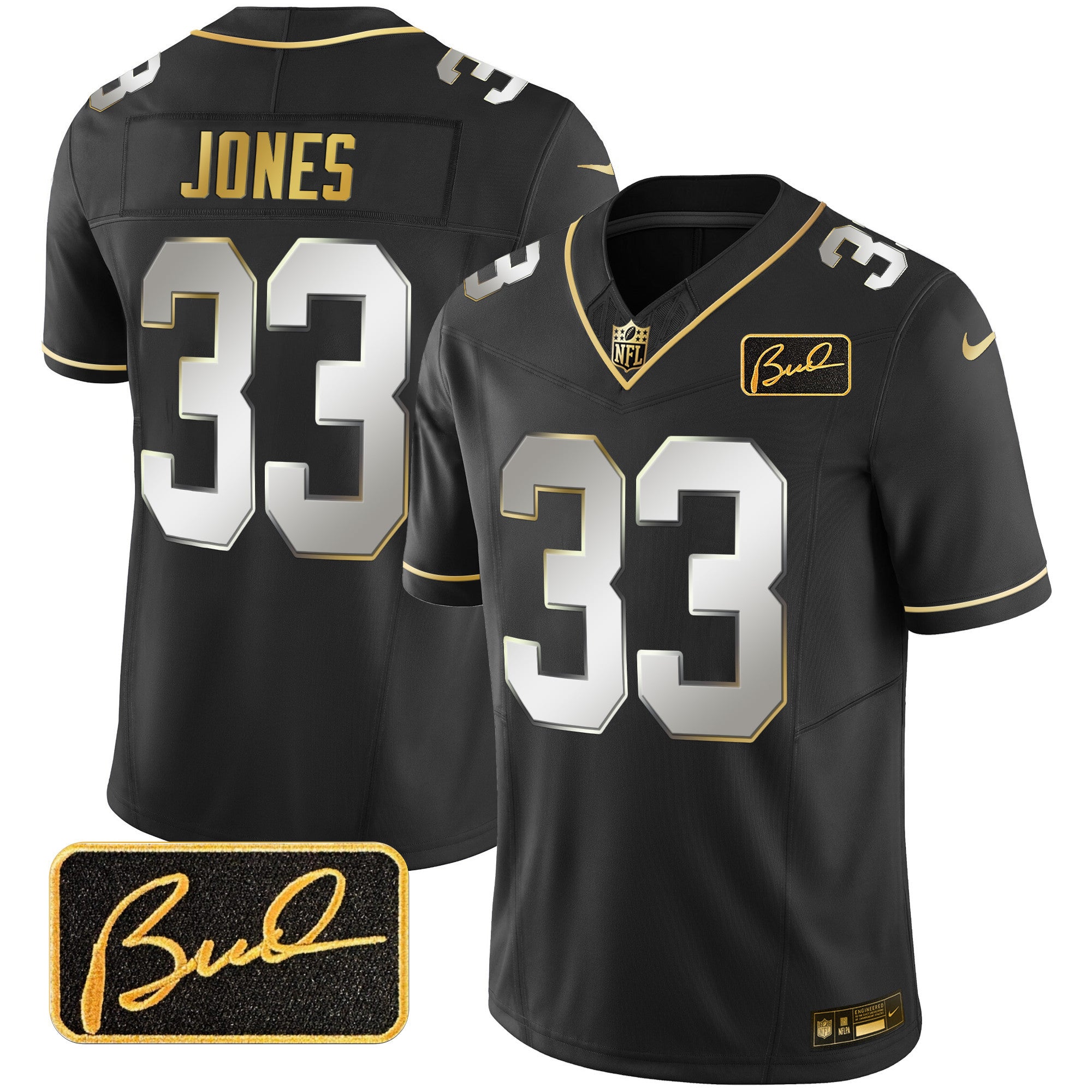 Men's Minnesota Vikings Bud Grant Patch Gold Limited Jersey V2 - All Stitched - Black Limited, Aaron Jones