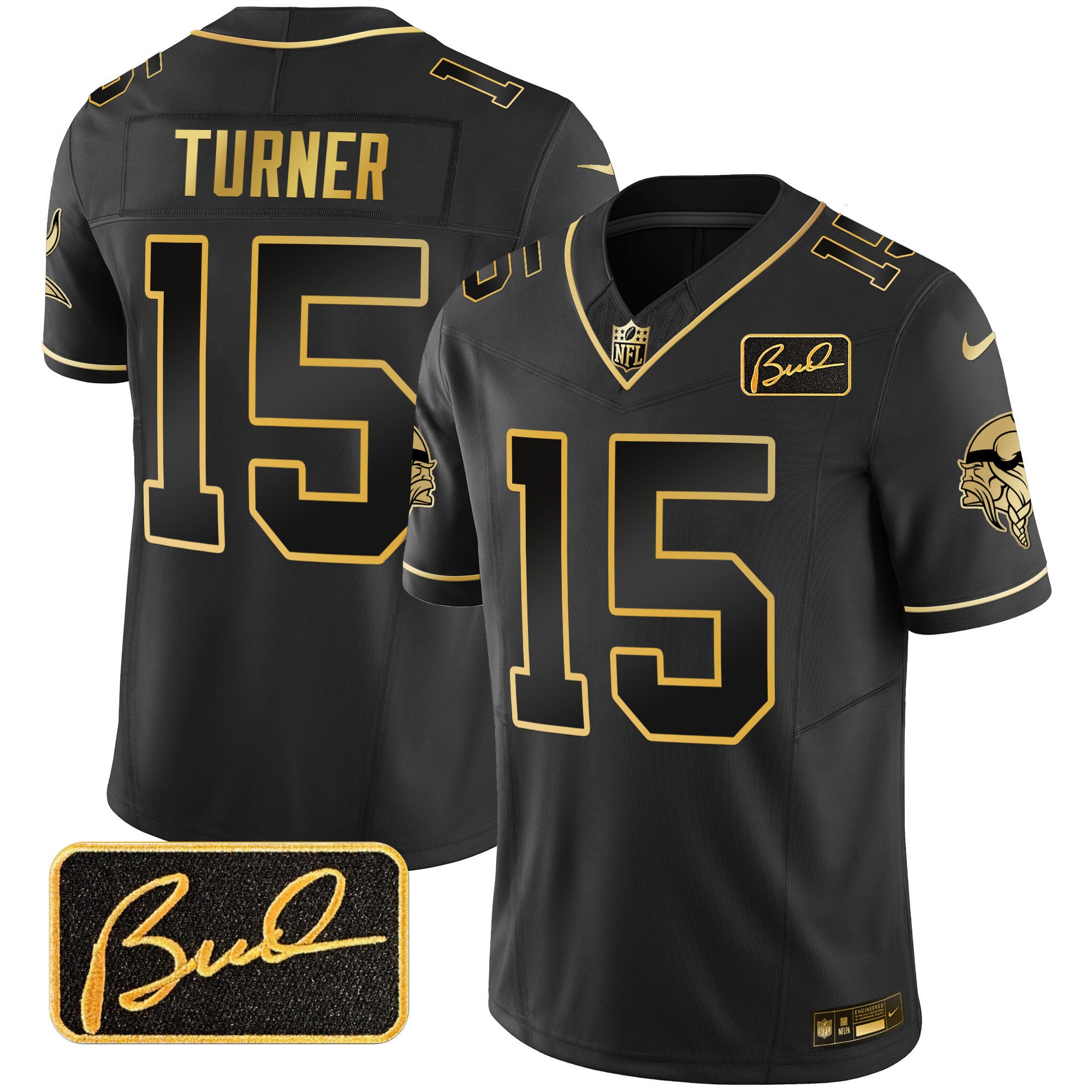 Men's Minnesota Vikings Bud Grant Patch Gold Limited Jersey V2 - All Stitched - Black Gold, Dallas Turner