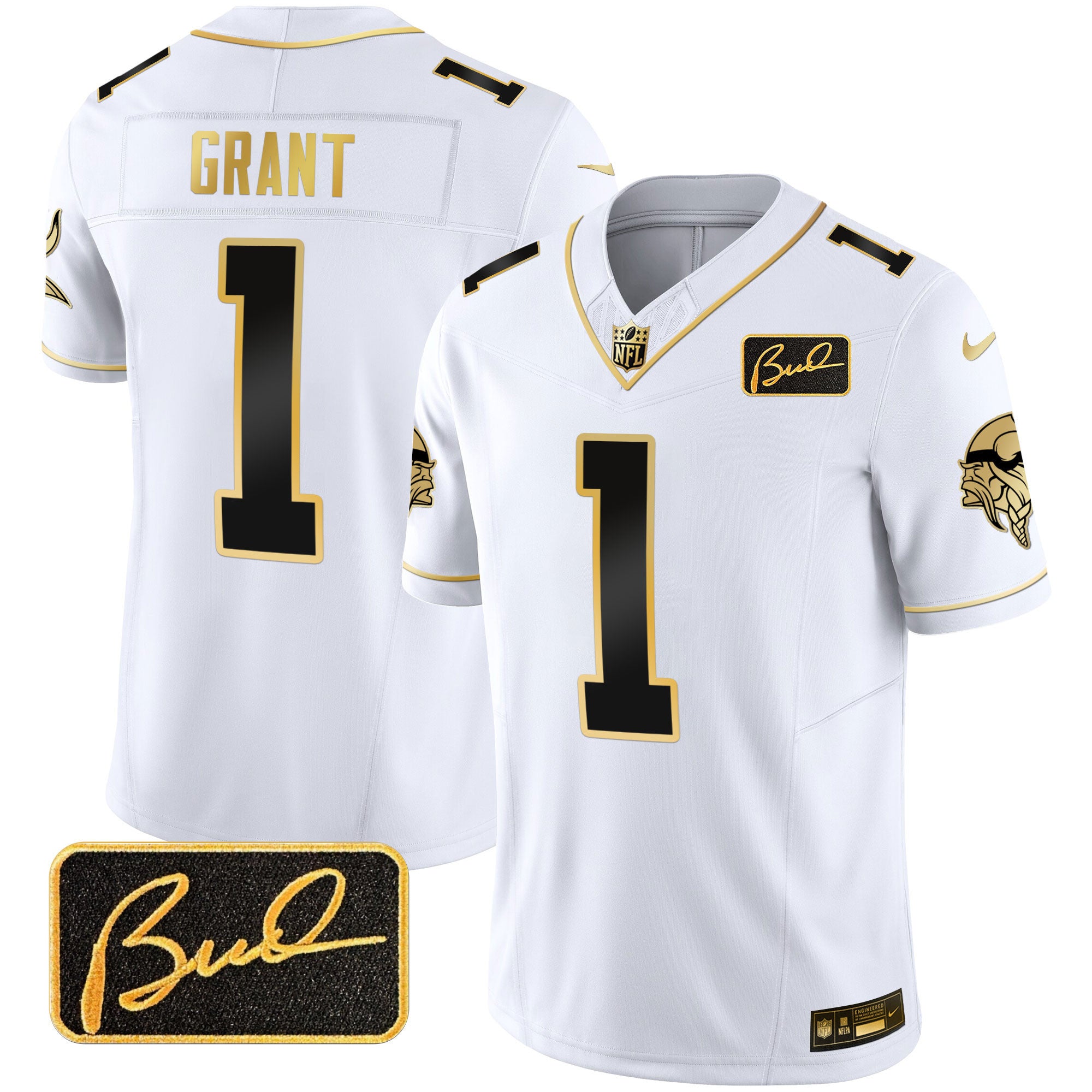 Men's Minnesota Vikings Bud Grant Patch Gold Limited Jersey V2 - All Stitched - White Gold, Bud Grant