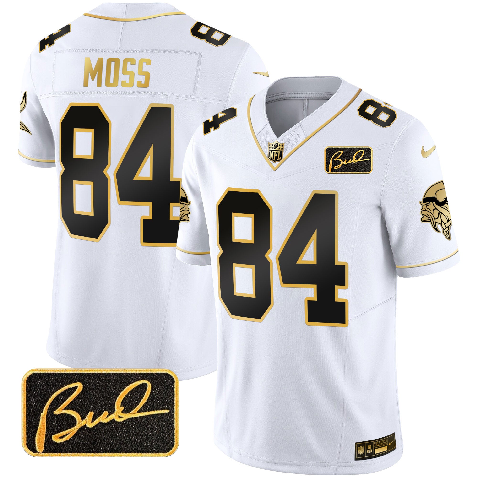Men's Minnesota Vikings Bud Grant Patch Gold Limited Jersey V2 - All Stitched - White Gold, Randy Moss