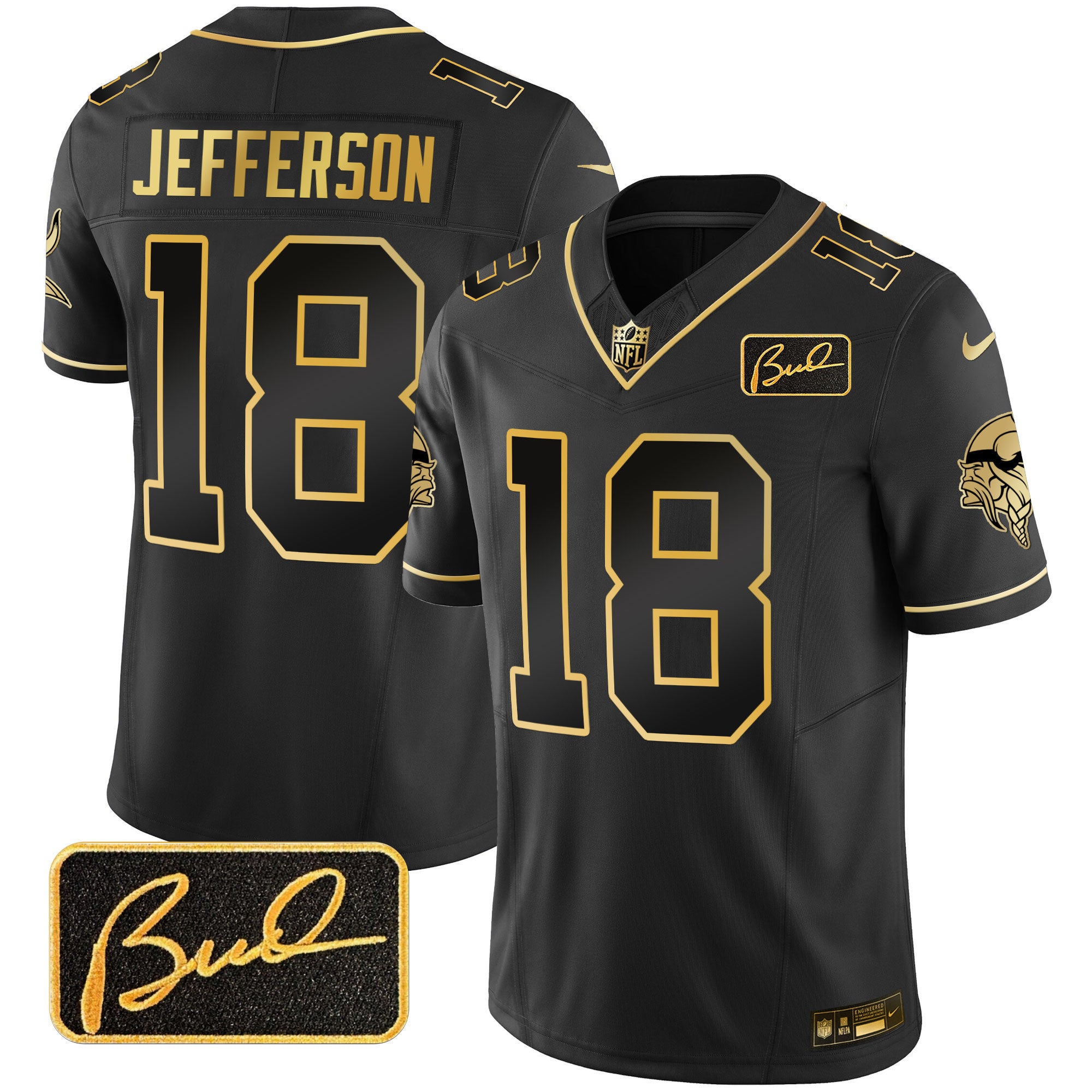 Men's Minnesota Vikings Bud Grant Patch Gold Limited Jersey V2 - All Stitched - Black Gold, Justin Jefferson