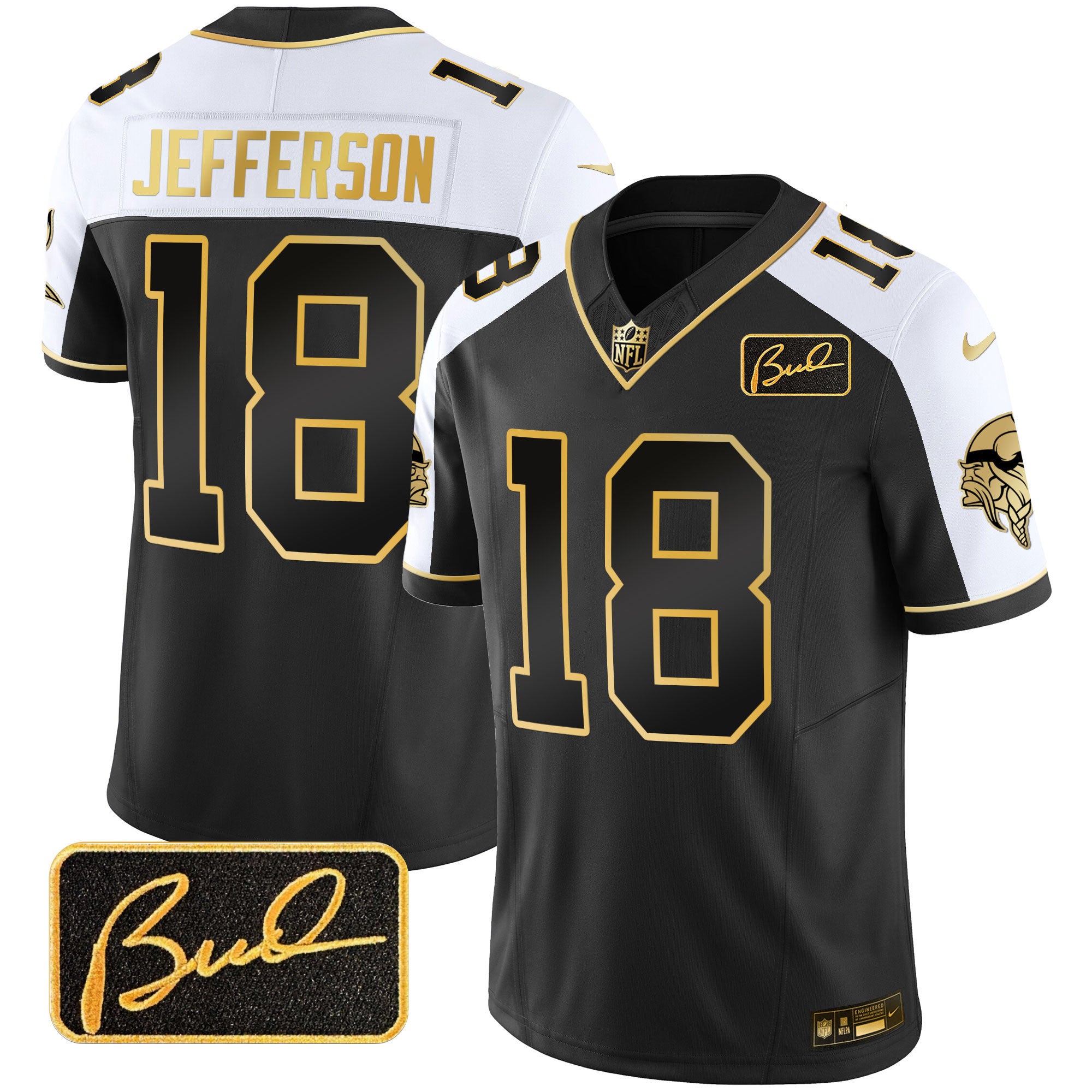 Men's Minnesota Vikings Bud Grant Patch Gold Limited Jersey V2 - All Stitched - Alternate, Justin Jefferson