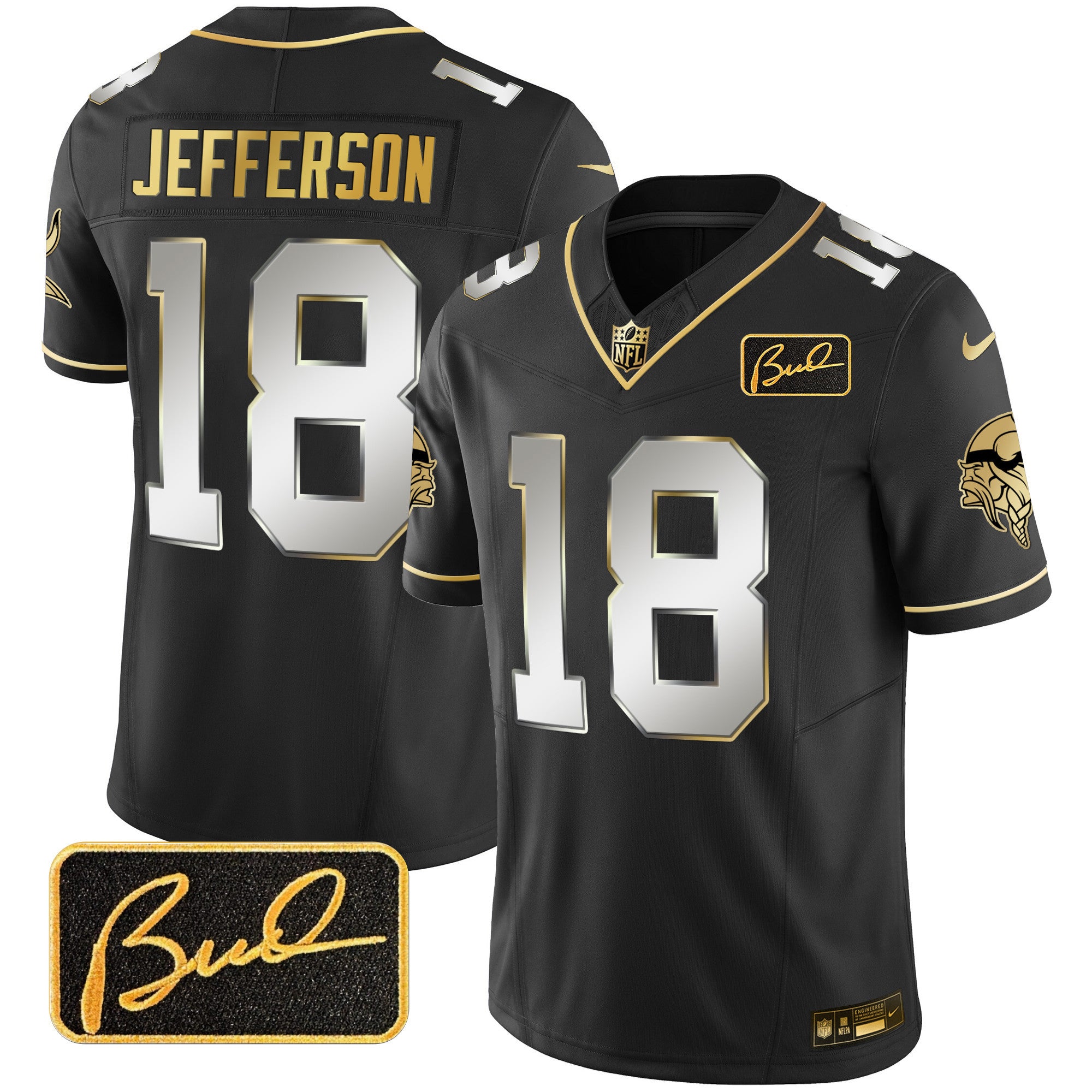 Men's Minnesota Vikings Bud Grant Patch Gold Limited Jersey V2 - All Stitched - Black Limited, Justin Jefferson